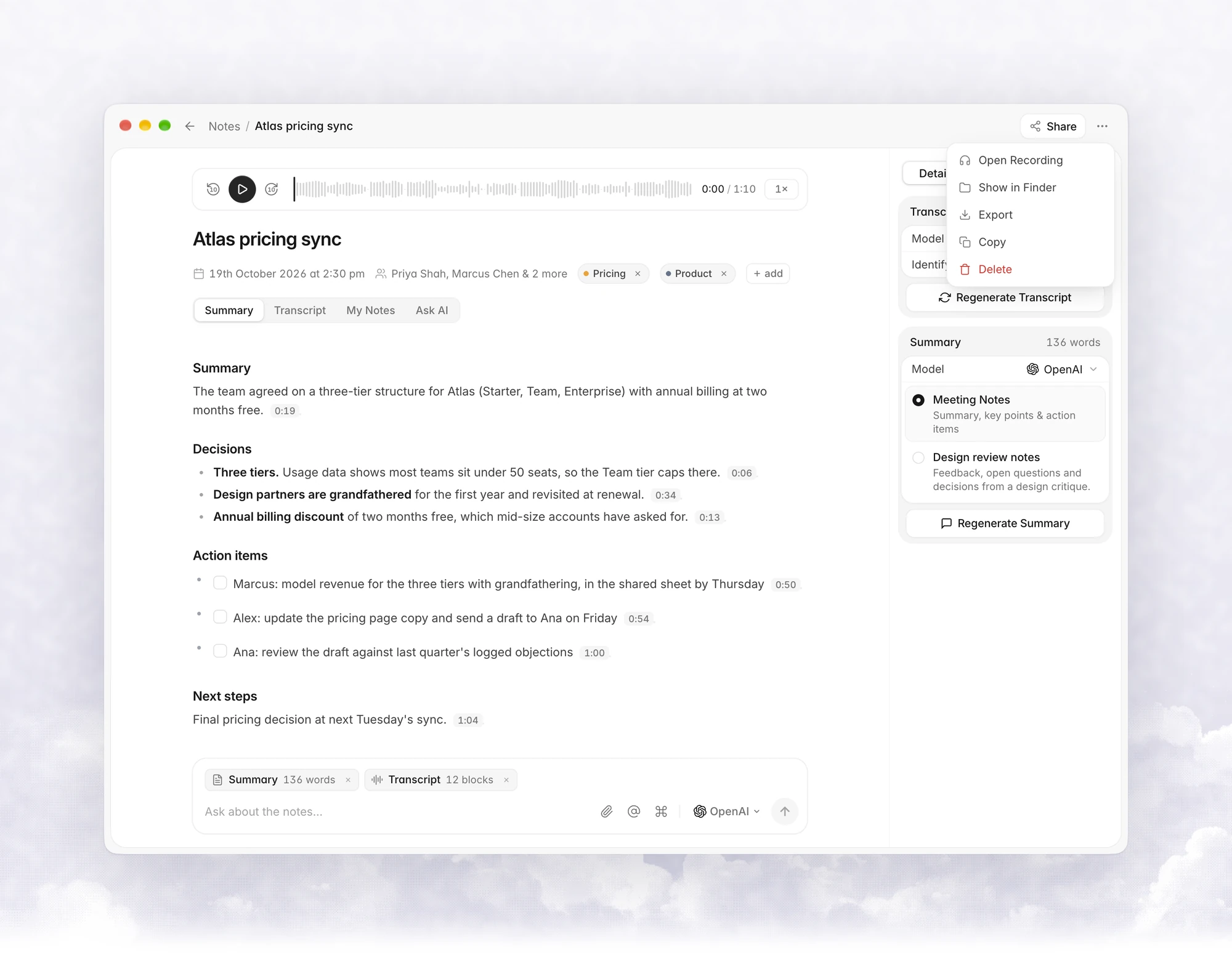 The More options menu on a note with Open Recording, Show in Finder, Export, Copy and Delete