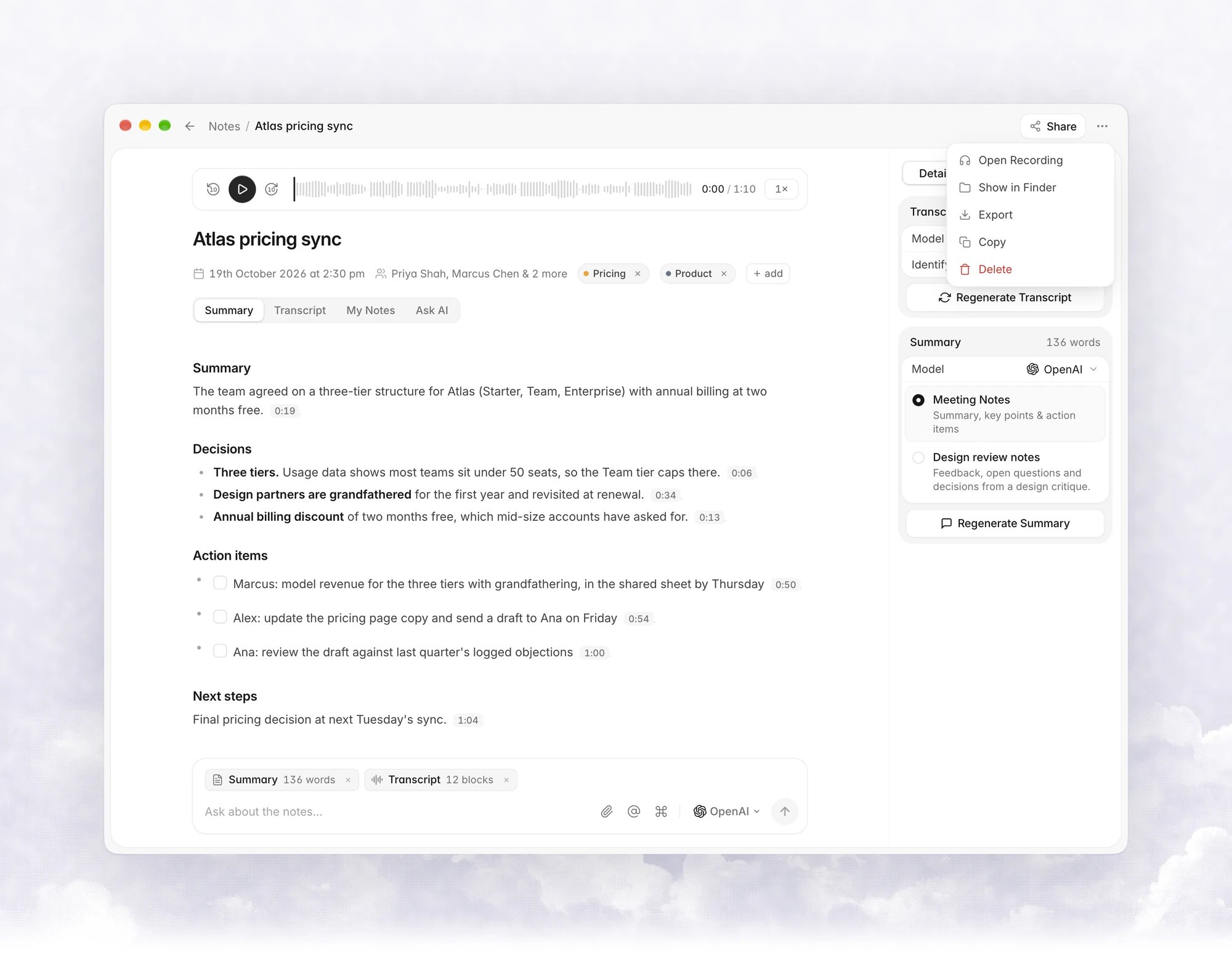 The More options menu on a note with Open Recording, Show in Finder, Export, Copy and Delete
