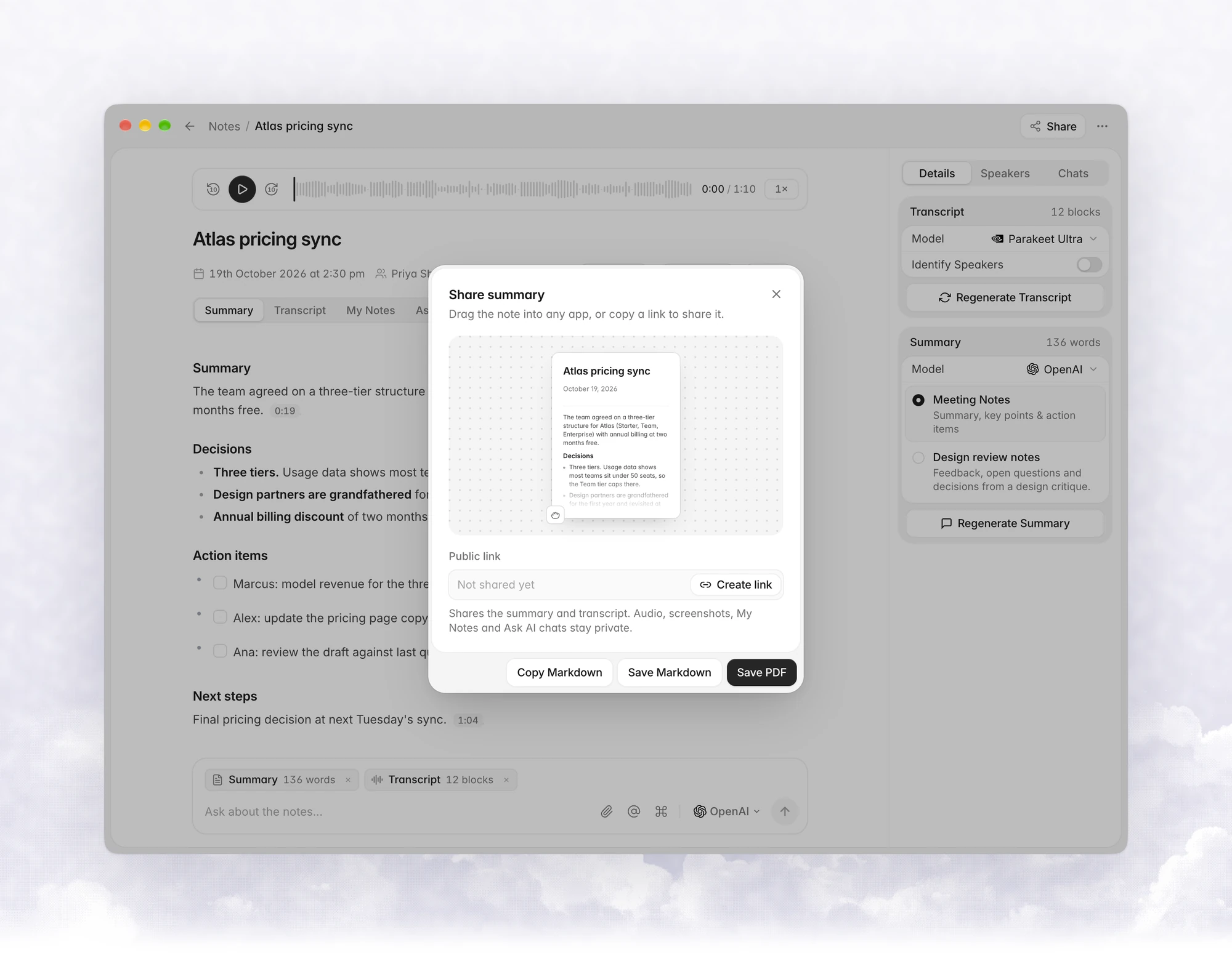 The Share summary sheet with a preview card of the note, a Public link field reading Not shared yet with a Create link button, and Copy Markdown, Save Markdown and Save PDF buttons