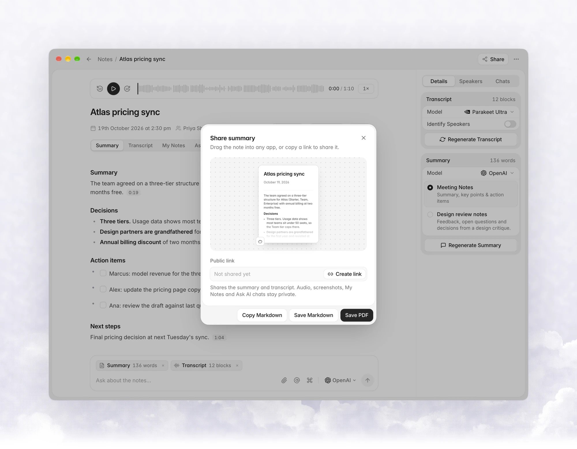 The Share summary sheet with a preview card of the note, a Public link field reading Not shared yet with a Create link button, and Copy Markdown, Save Markdown and Save PDF buttons