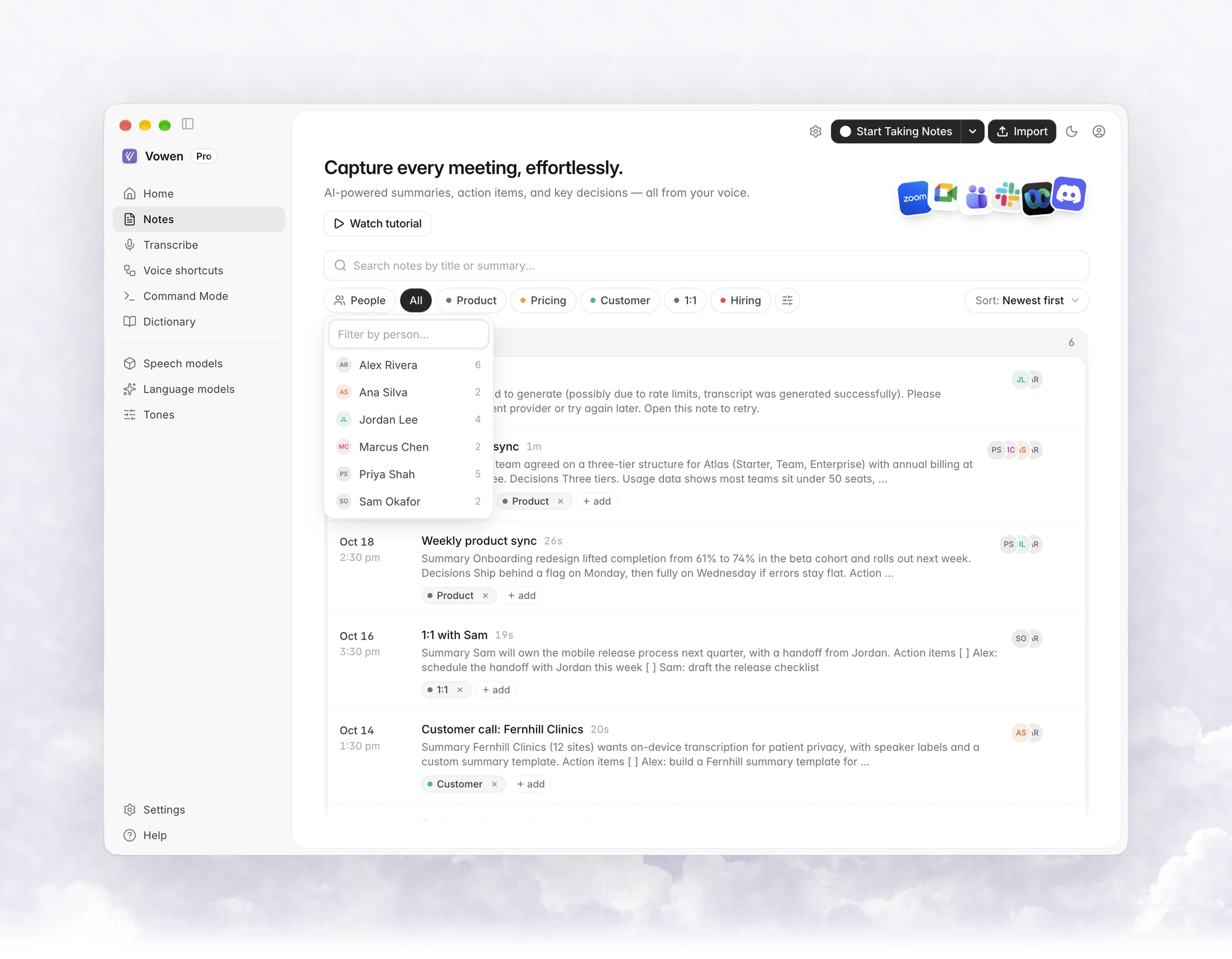 The People filter open on the Notes page, listing people with their meeting counts