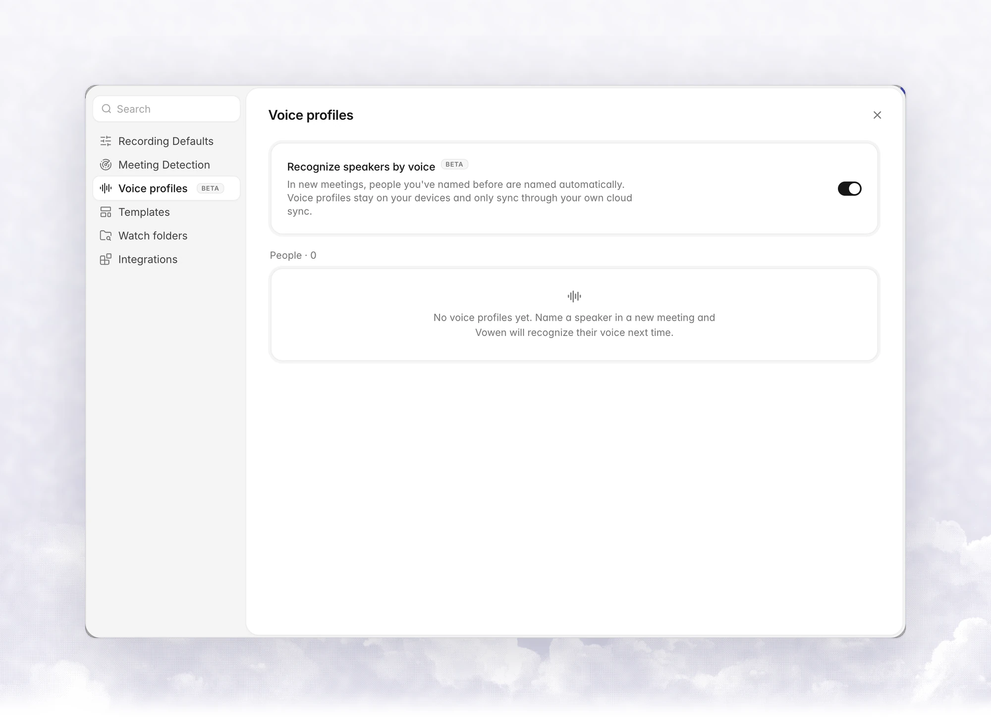 Notes settings, Voice profiles tab, with the Recognize speakers by voice toggle and the People list