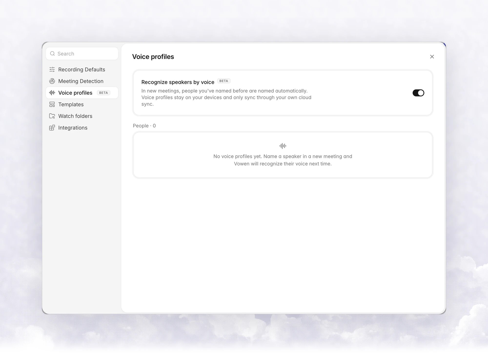 Notes settings, Voice profiles tab, with the Recognize speakers by voice toggle and the People list