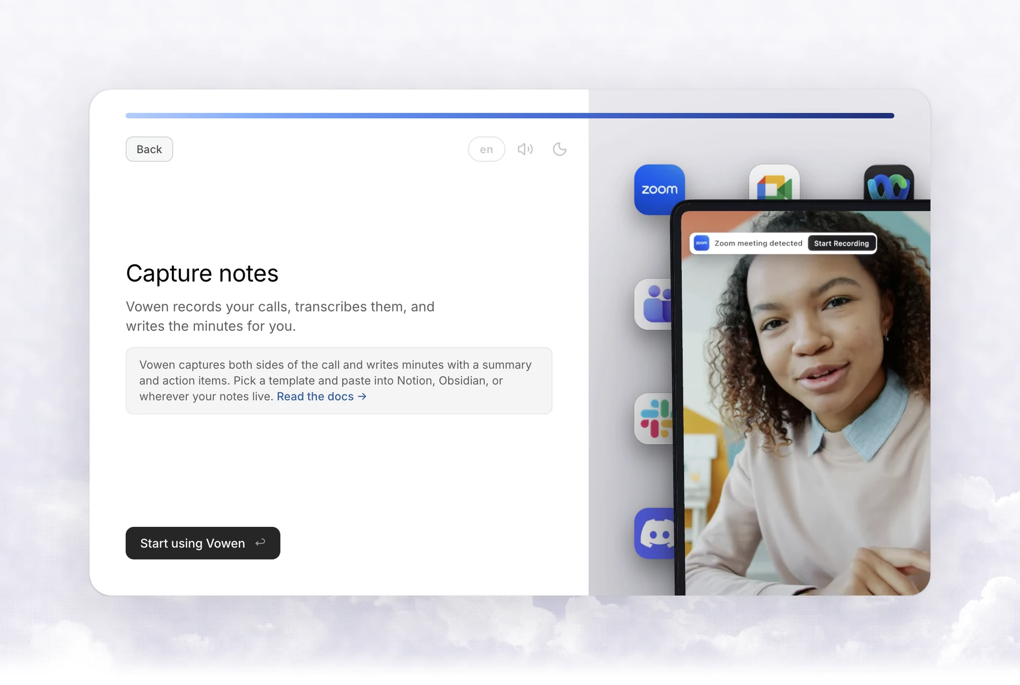 The Capture notes step with a Start using Vowen button