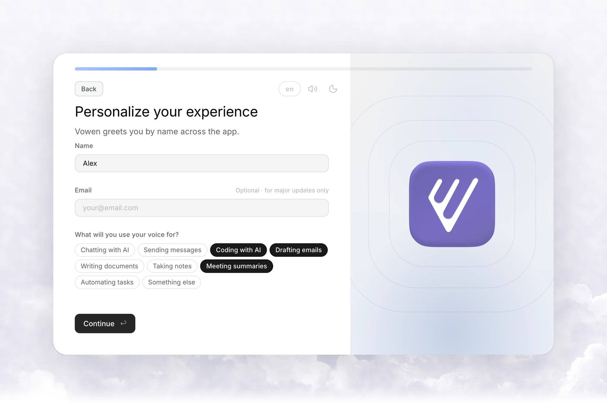 The Personalize your experience step with Name and optional Email fields and a set of use-case chips