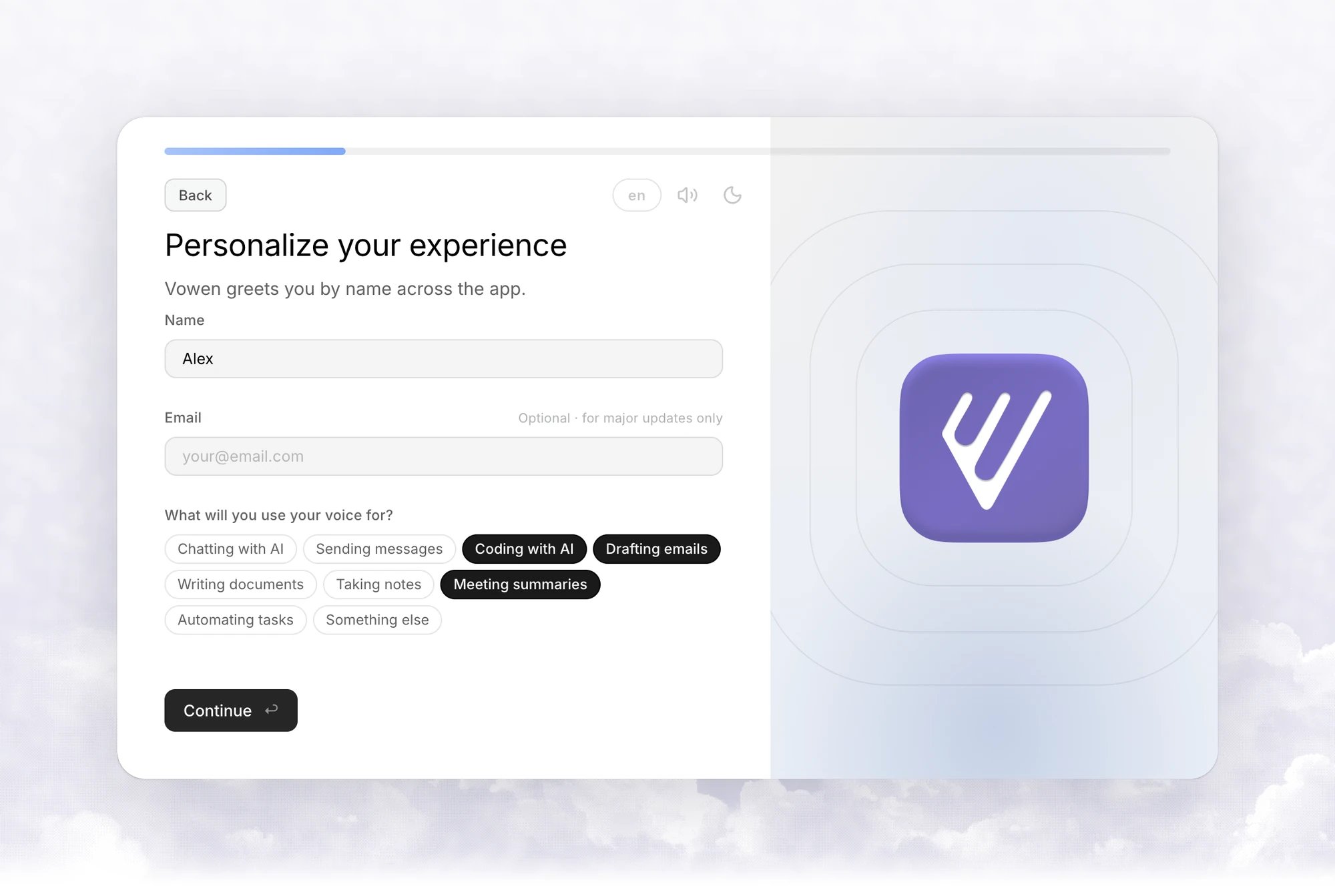 The Personalize your experience step with Name and optional Email fields and a set of use-case chips