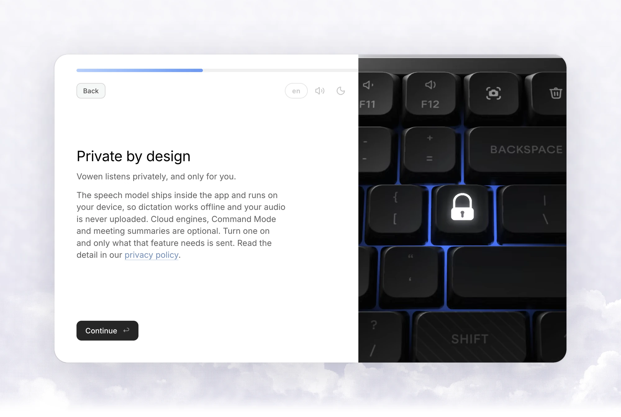 The Private by design step explaining that the speech model runs on your device