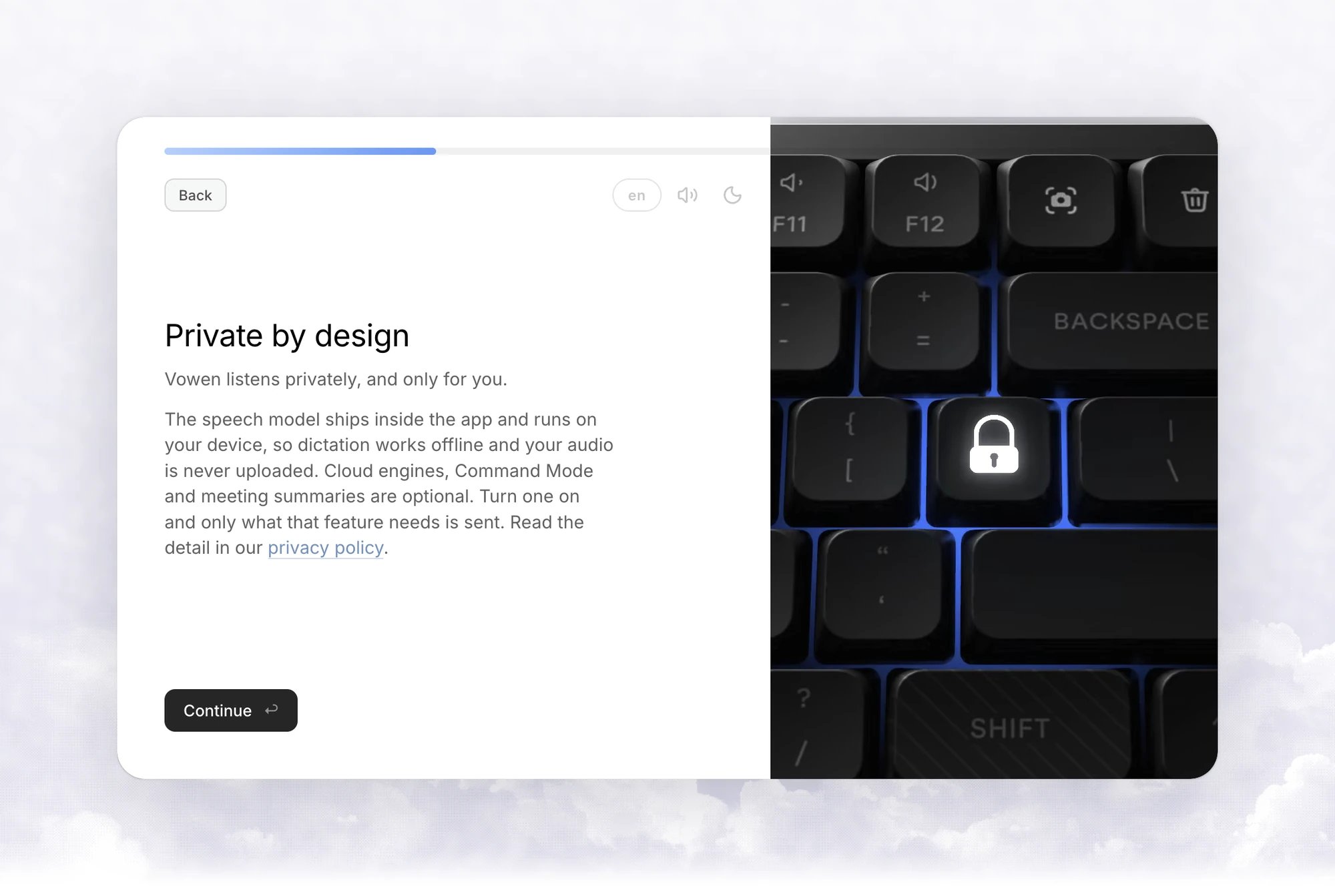 The Private by design step explaining that the speech model runs on your device