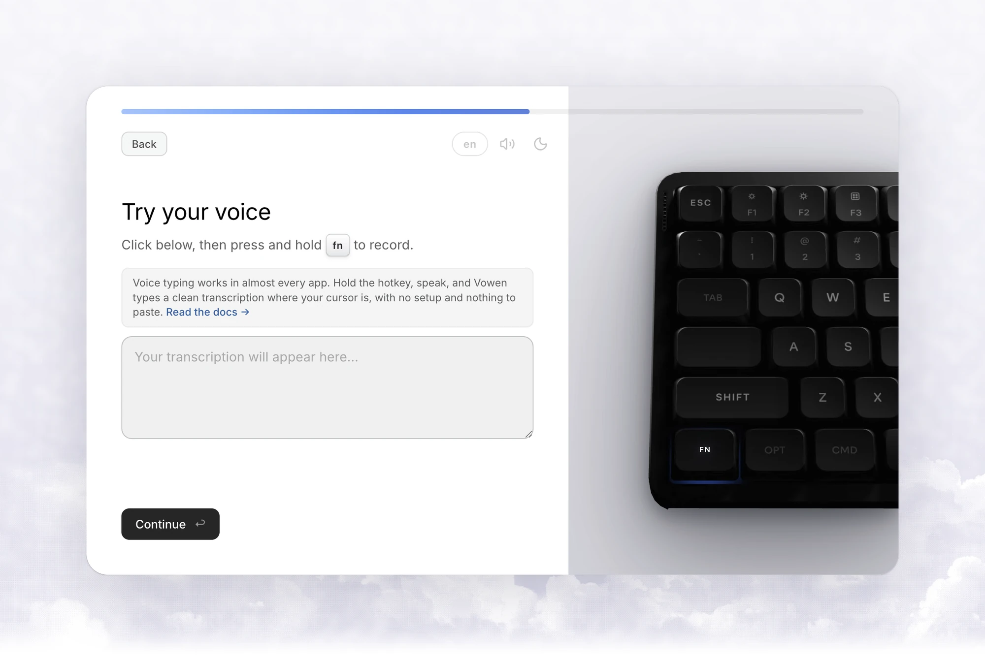 The Try your voice step with the shortcut keys shown above an empty text box