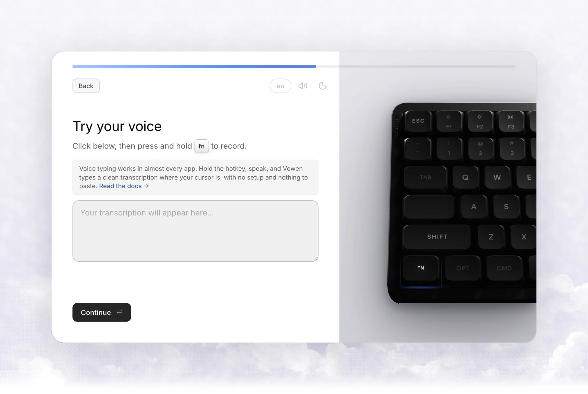 The Try your voice step with the shortcut keys shown above an empty text box