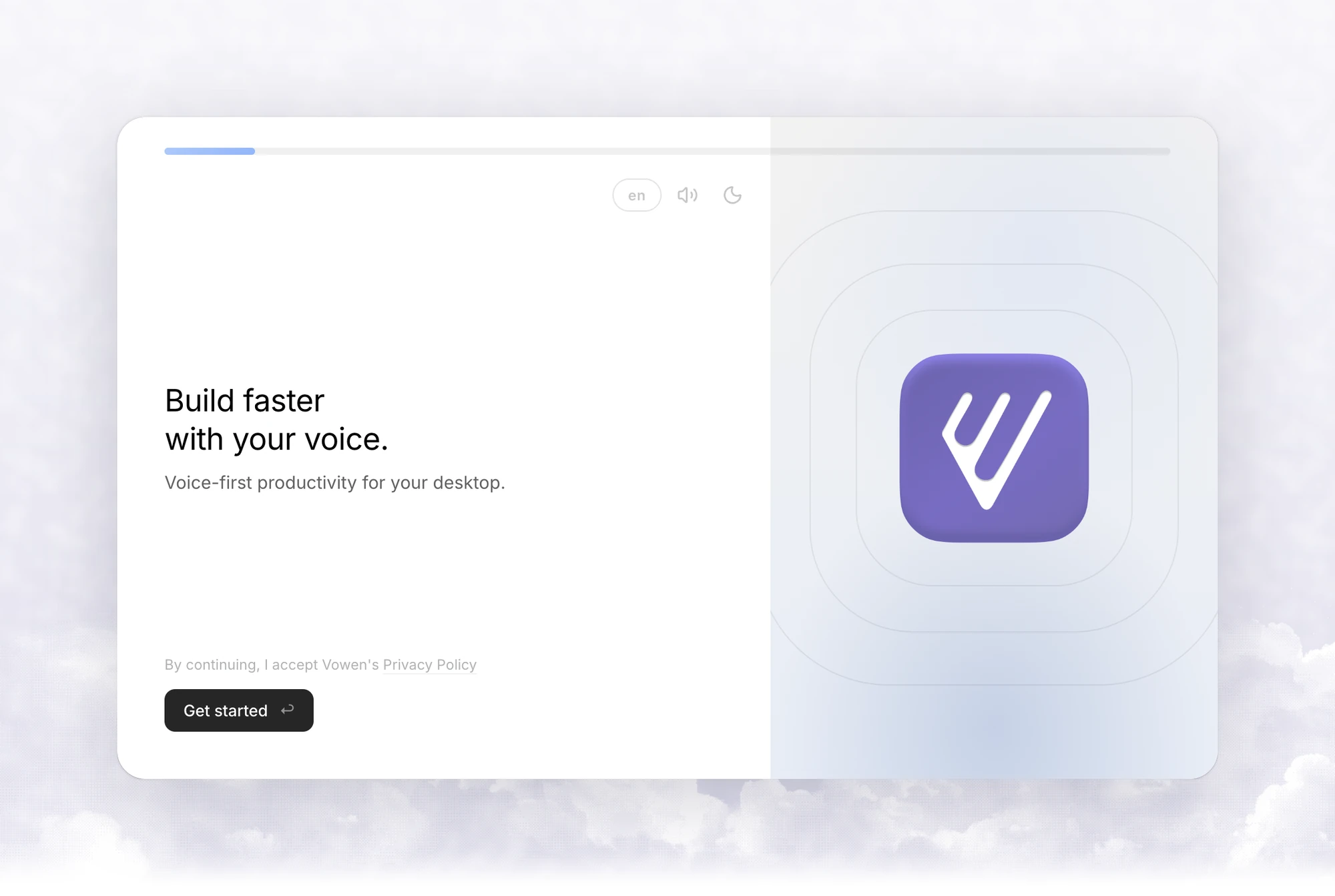 The Vowen welcome step reading Create faster with your voice, with a Get started button and the language, music and theme buttons in the top-right corner