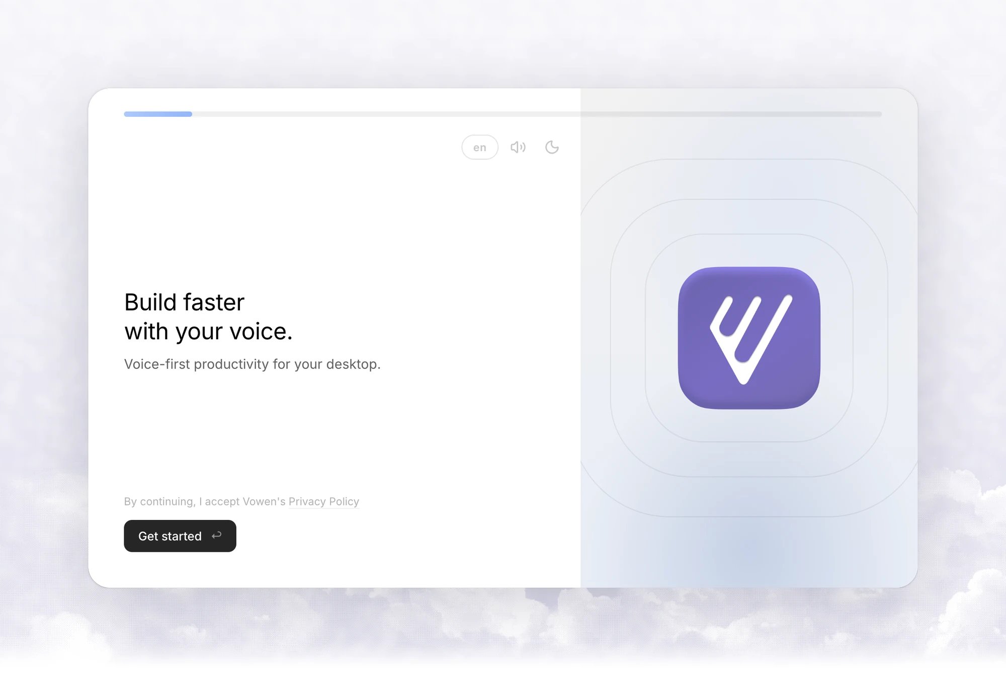 The Vowen welcome step reading Create faster with your voice, with a Get started button and the language, music and theme buttons in the top-right corner