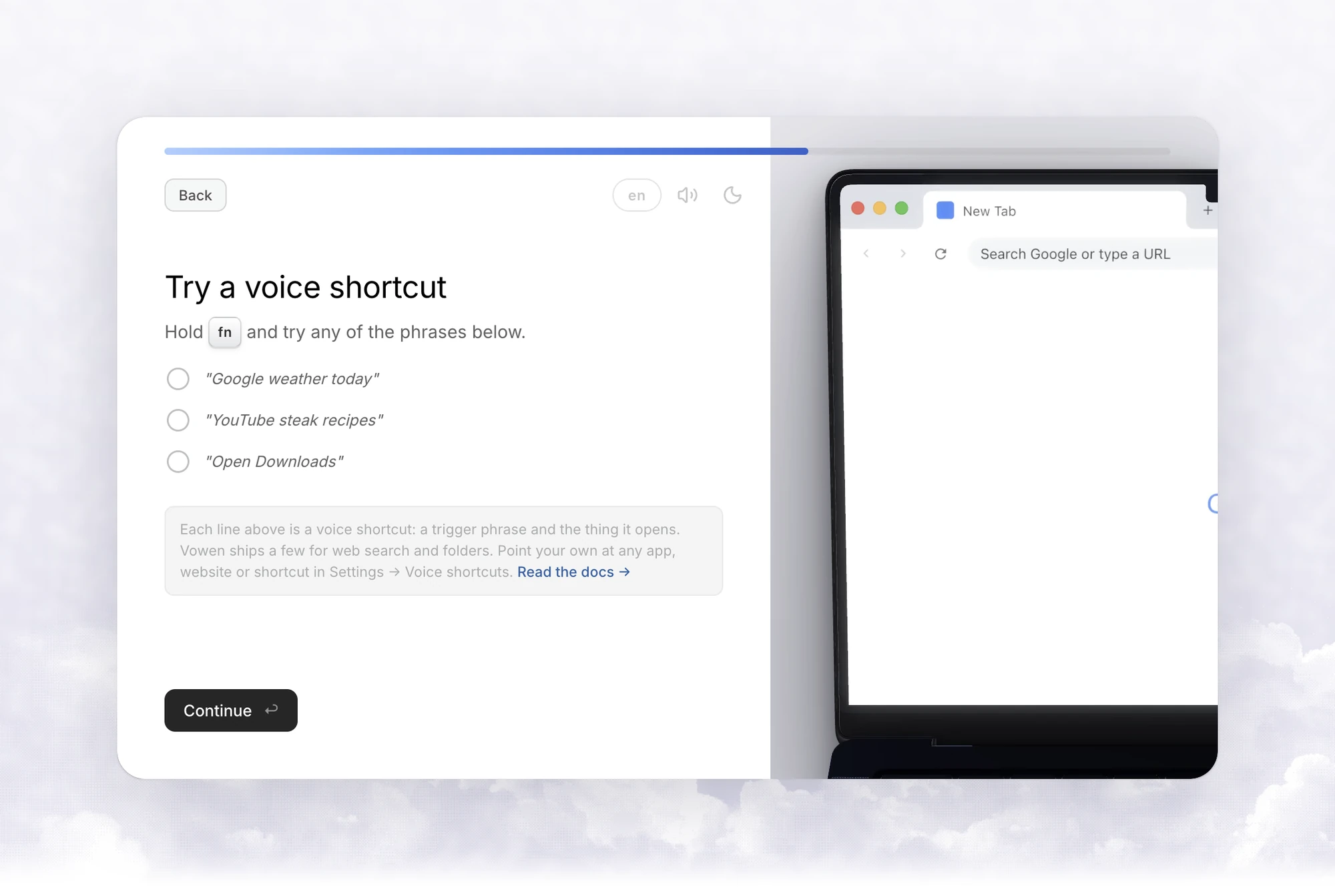 The Try a voice shortcut step listing three example phrases