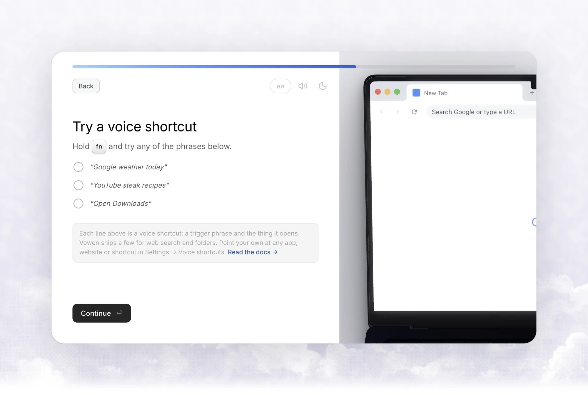 The Try a voice shortcut step listing three example phrases