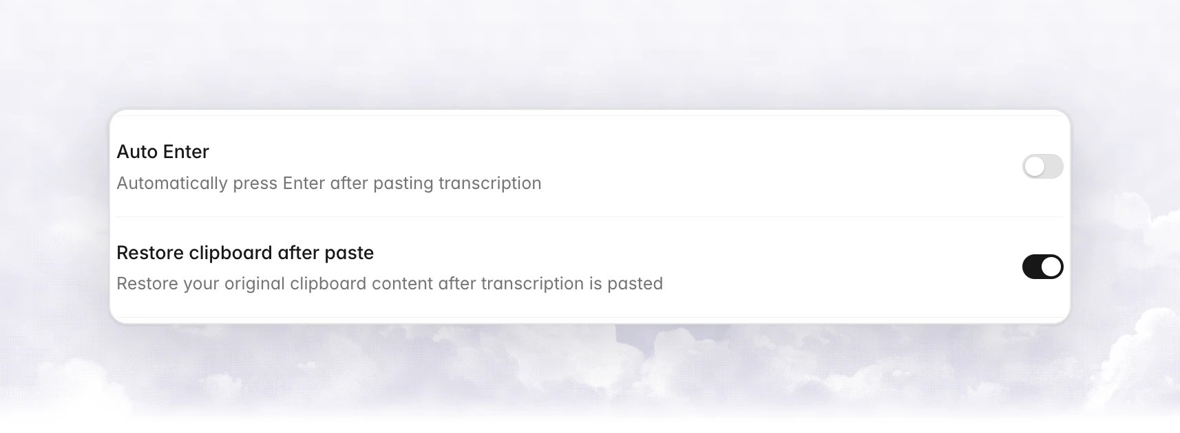 The Auto Enter and Restore clipboard after paste rows in Settings › General