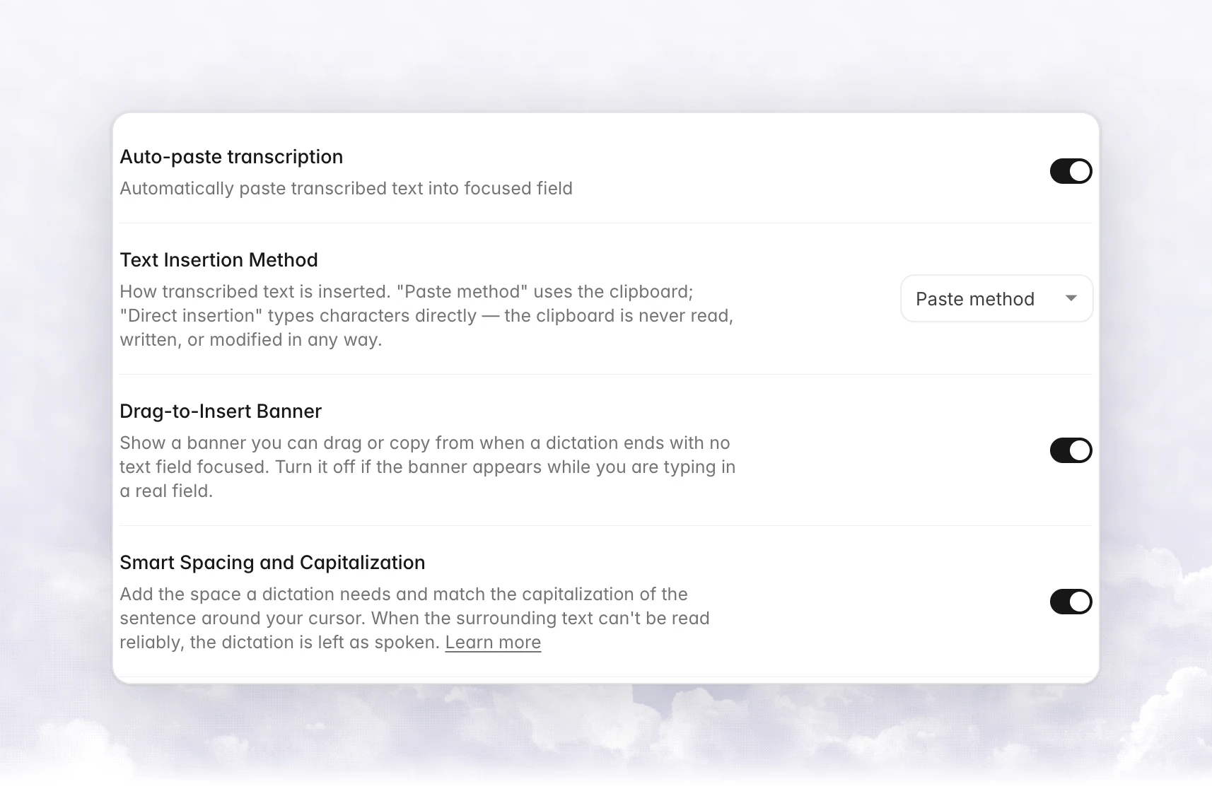 The Auto-paste transcription, Text Insertion Method, Drag-to-Insert Banner and Smart Spacing and Capitalization rows in Settings › General