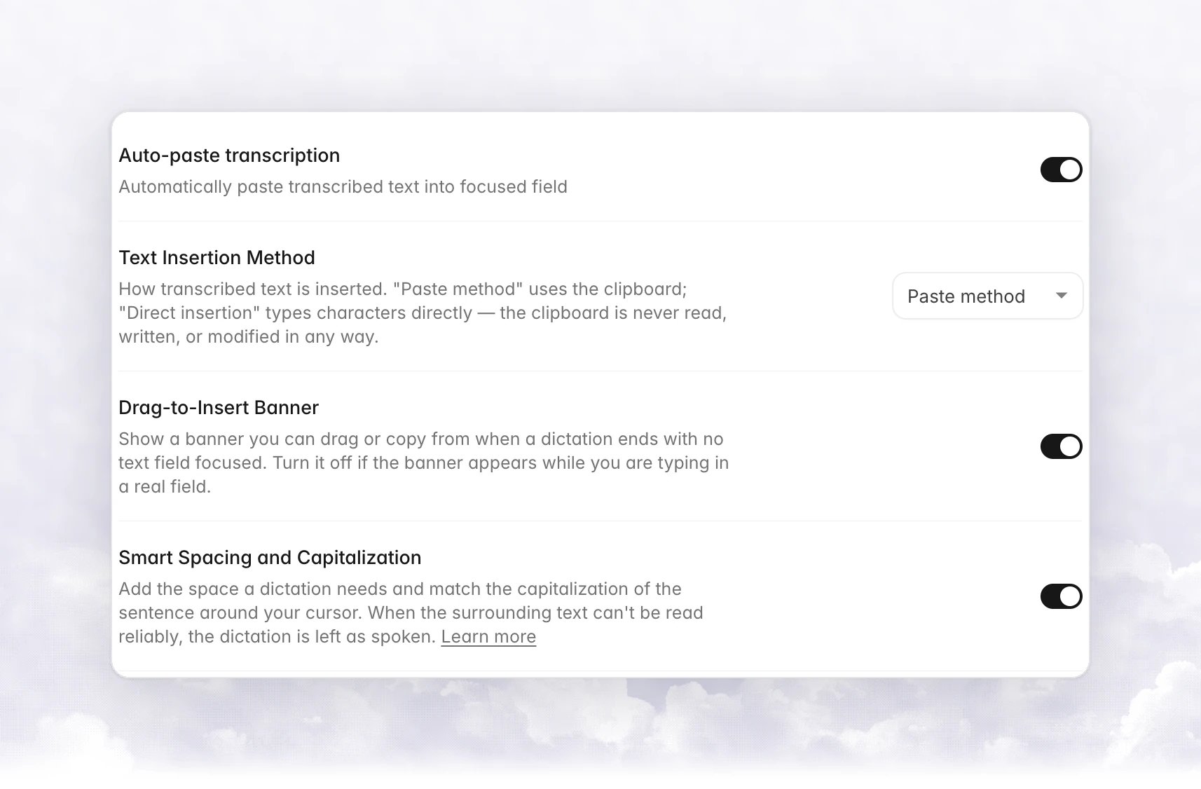 The Auto-paste transcription, Text Insertion Method, Drag-to-Insert Banner and Smart Spacing and Capitalization rows in Settings › General