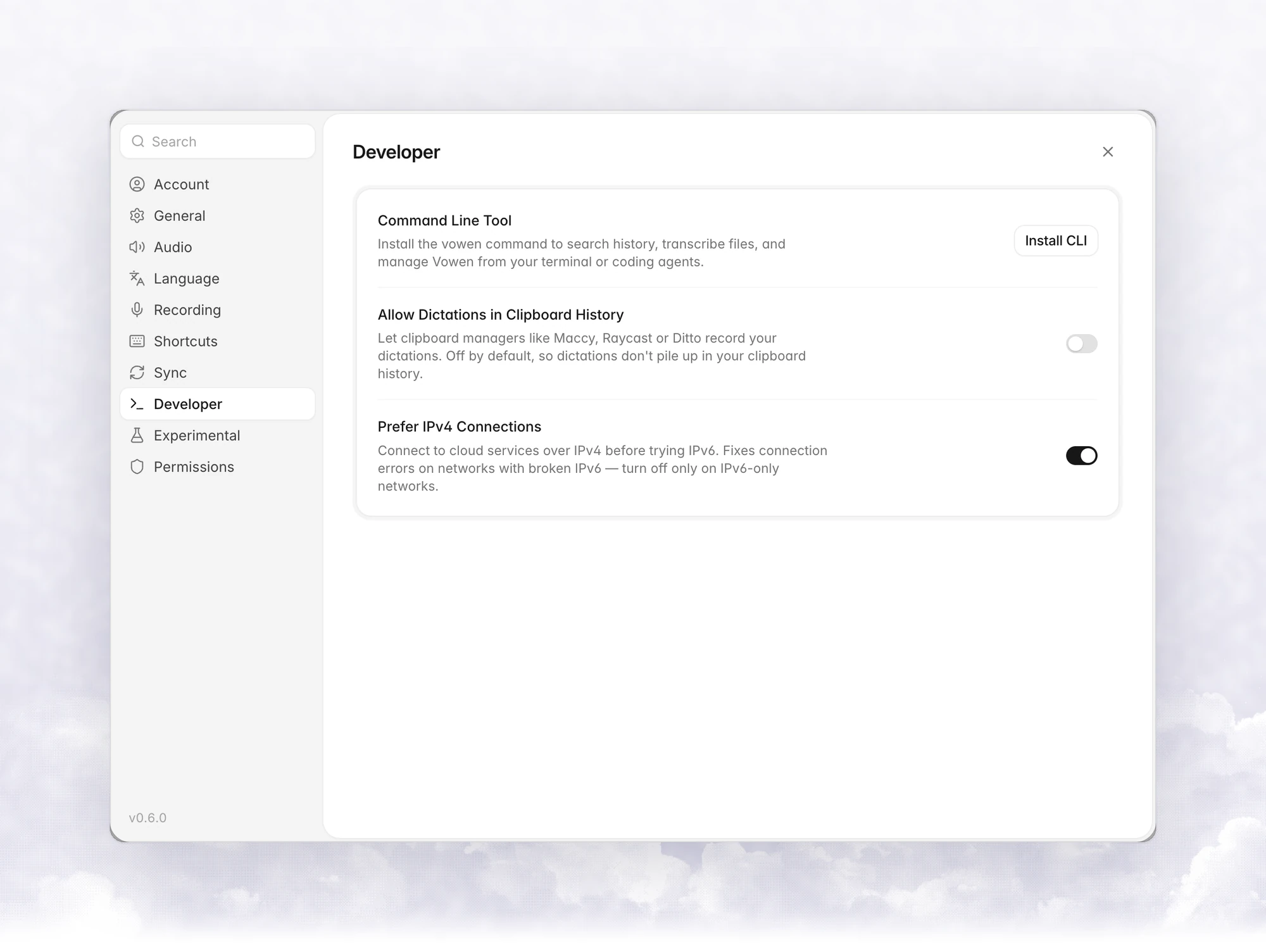 Settings › Developer with Install CLI, Allow Dictations in Clipboard History and Prefer IPv4