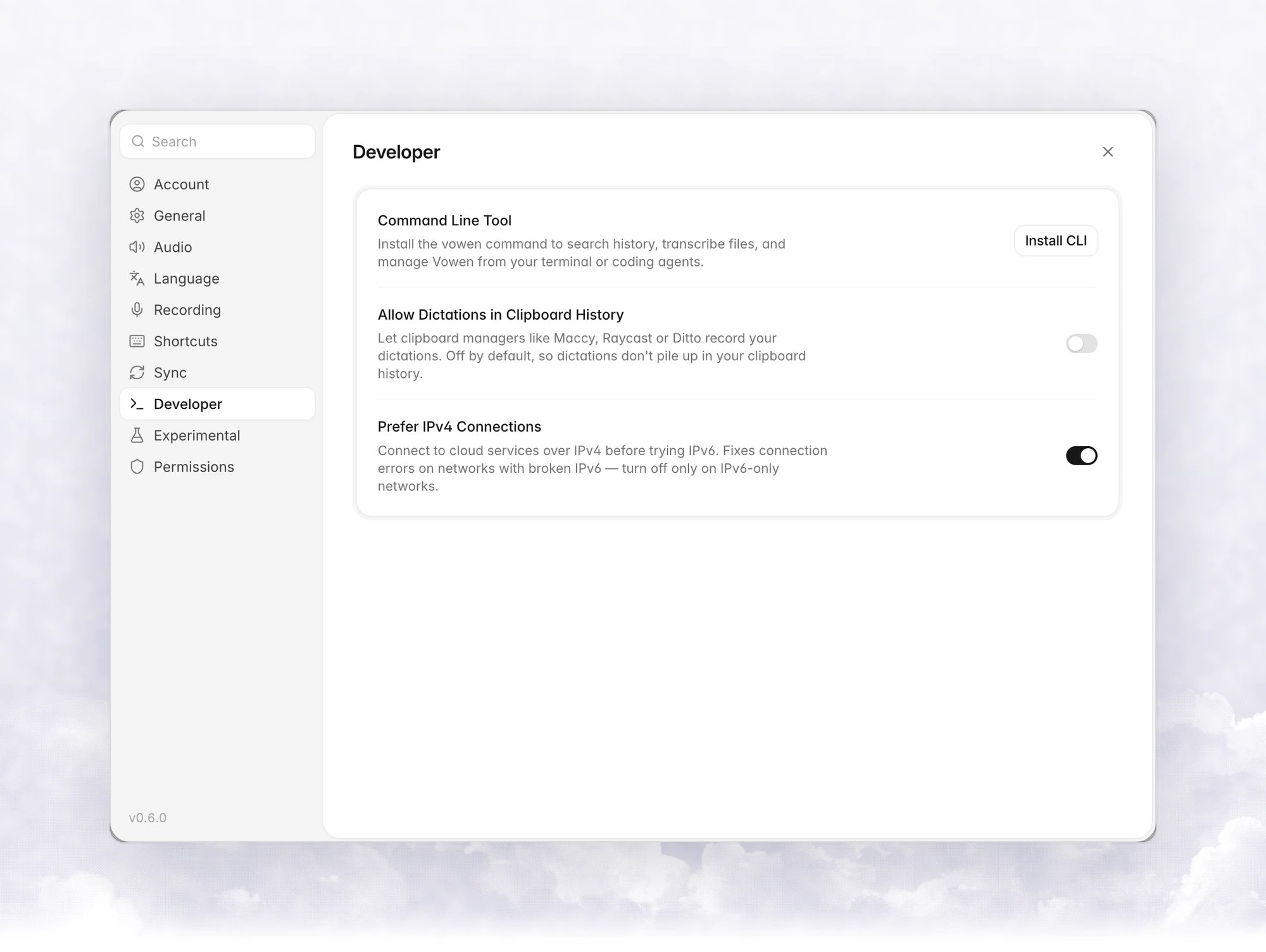 Settings › Developer with Install CLI, Allow Dictations in Clipboard History and Prefer IPv4