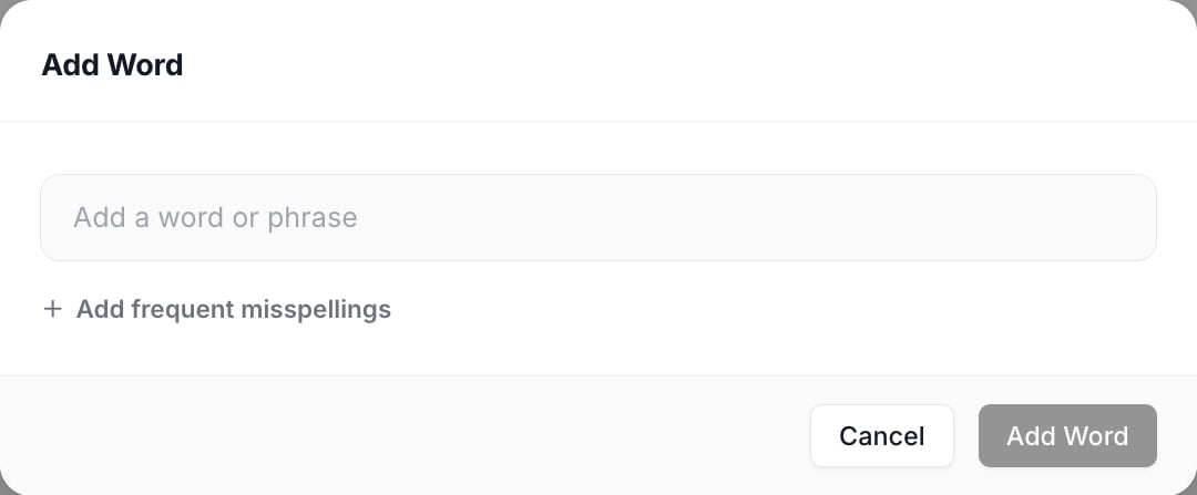 The Add Word dialog with a word field and an Add frequent misspellings link