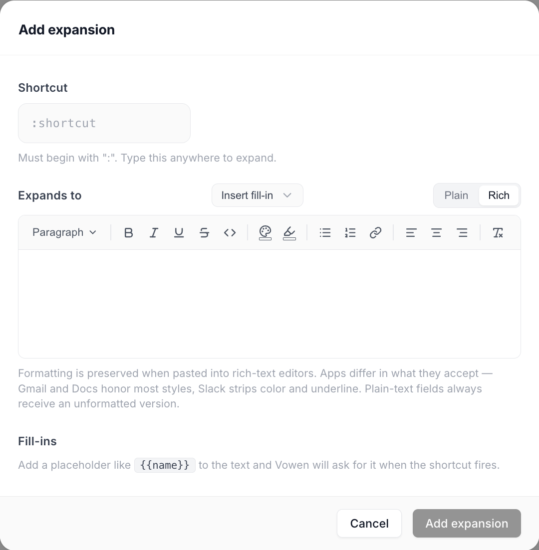 The Add expansion dialog showing a Shortcut field, a rich text Expands to editor, and a Fill-ins section