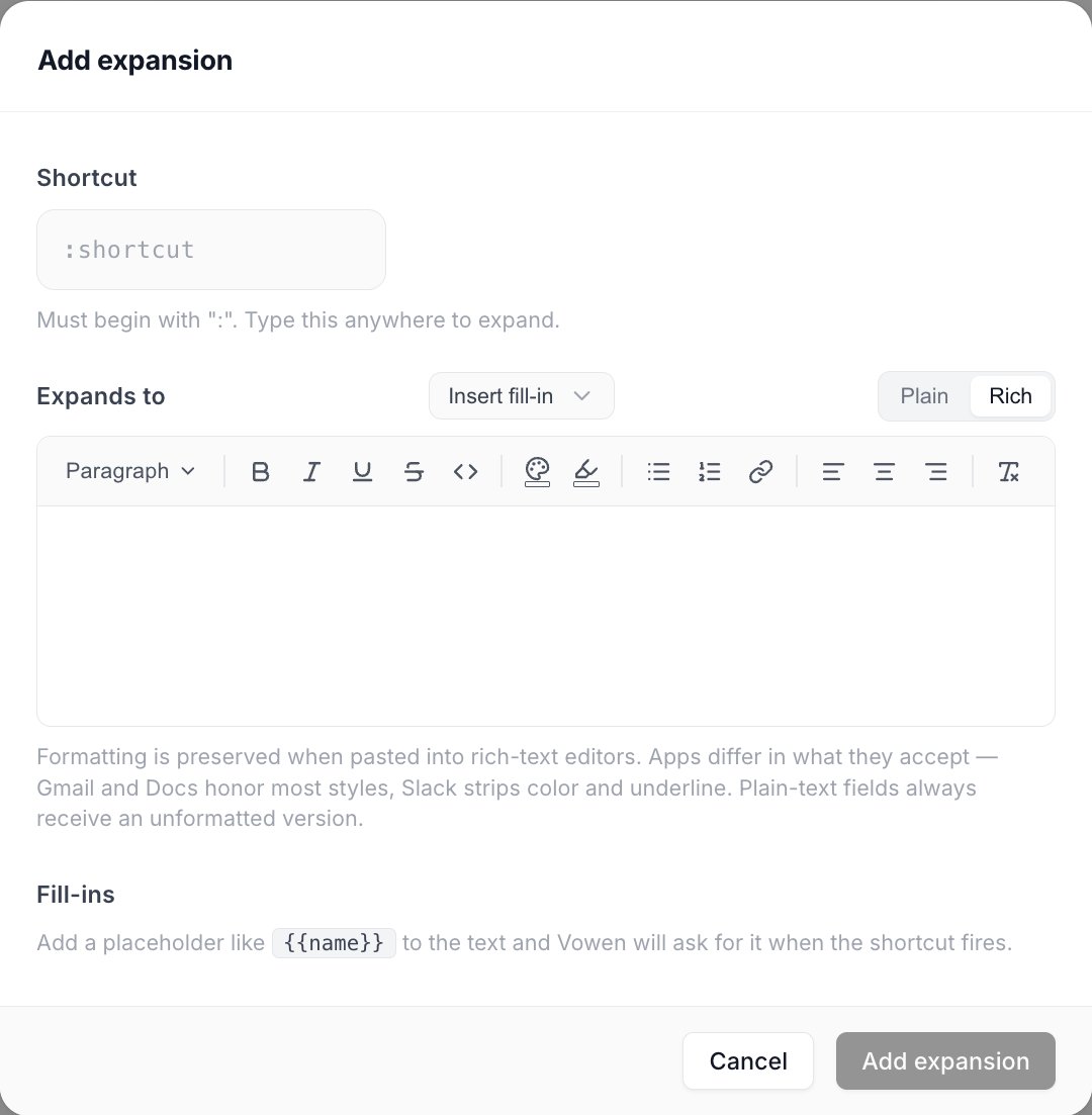 The Add expansion dialog showing a Shortcut field, a rich text Expands to editor, and a Fill-ins section