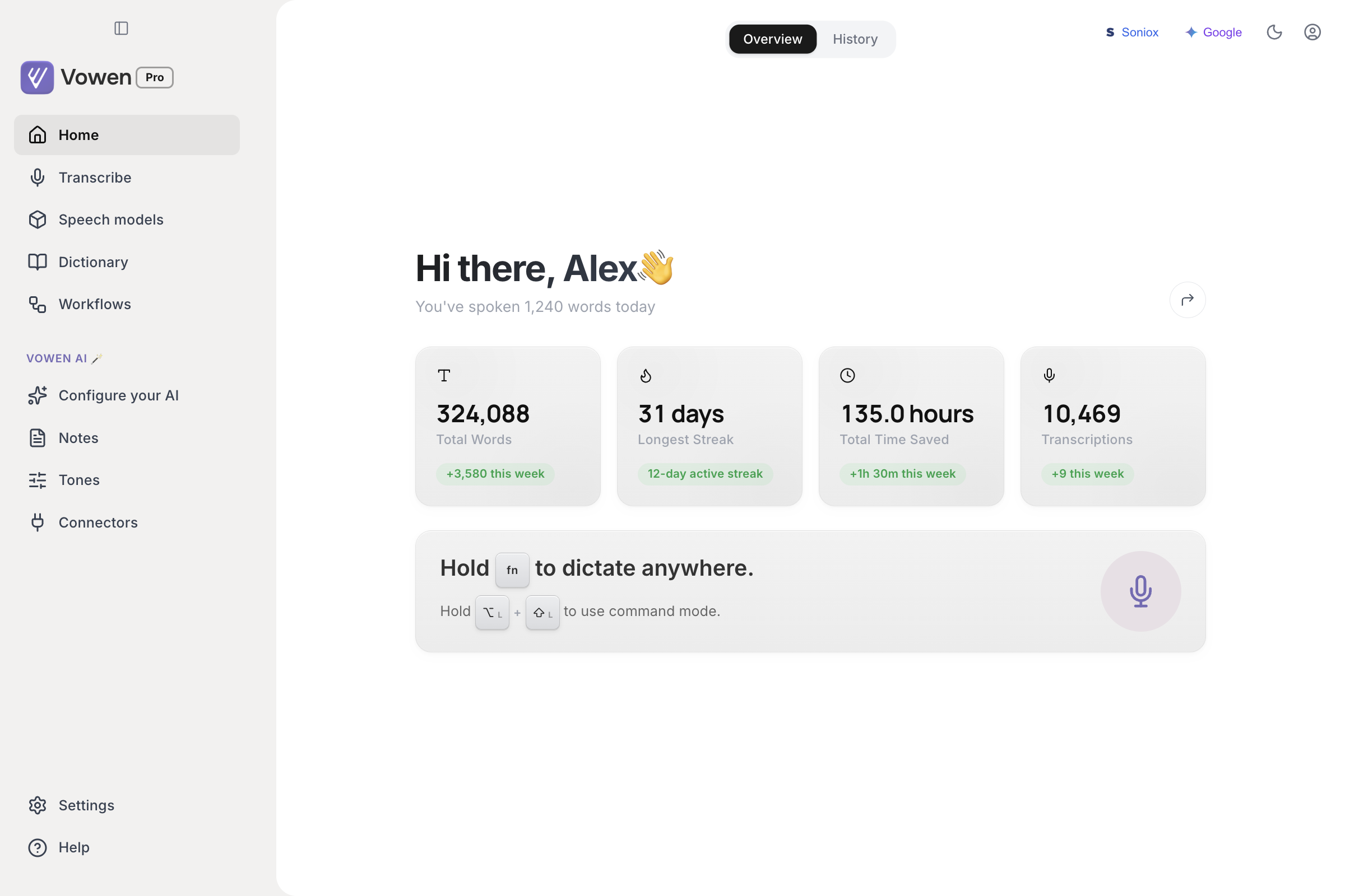 The Vowen Home page on the Overview tab showing Total Words, Longest Streak, Total Time Saved and Transcriptions