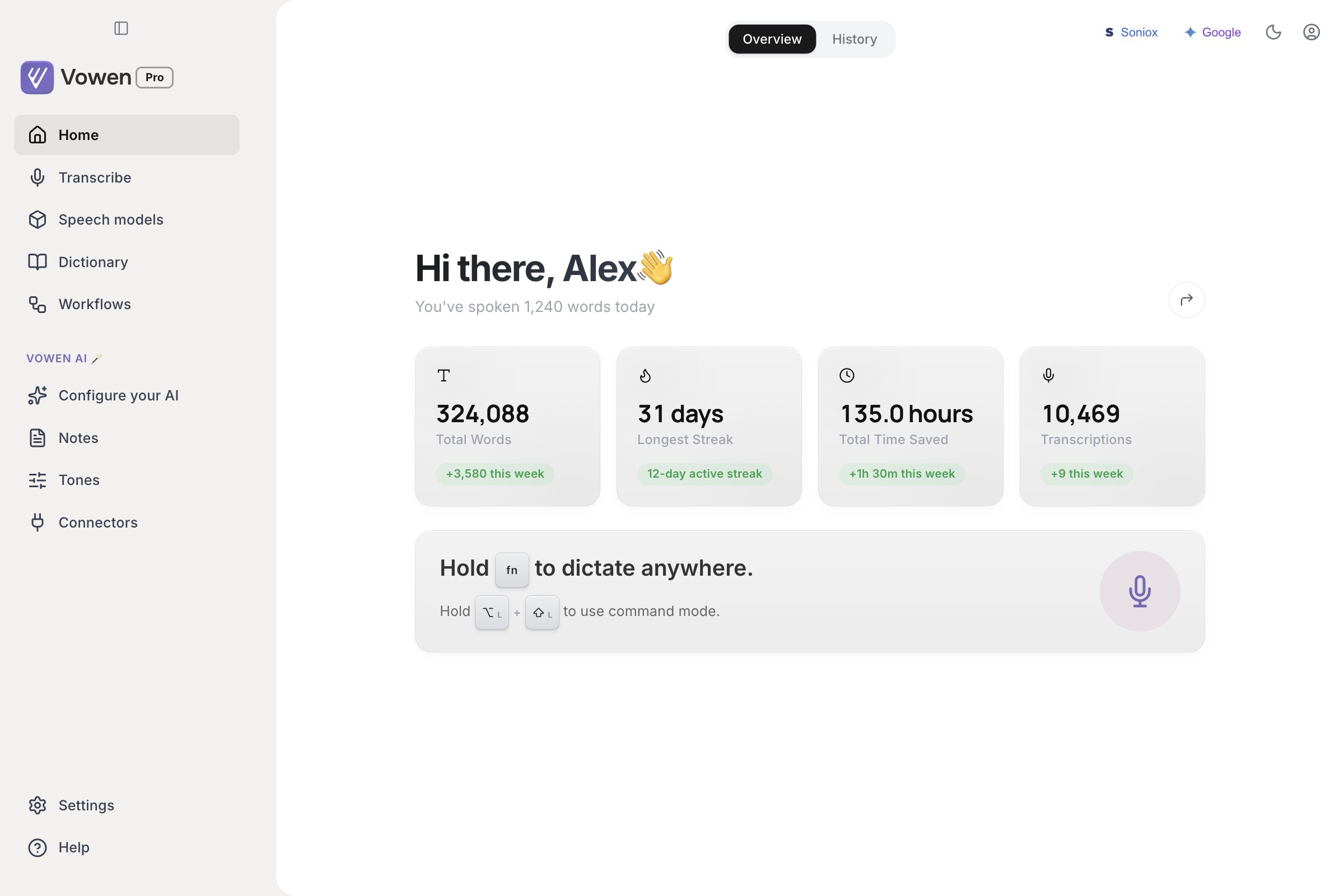 The Vowen Home page on the Overview tab showing Total Words, Longest Streak, Total Time Saved and Transcriptions