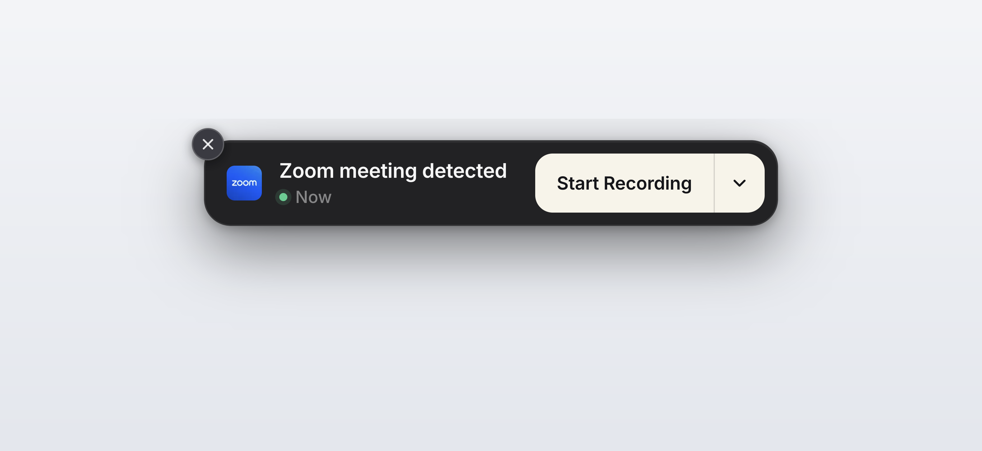 A Meeting detected banner with an app icon, a status line reading Now, and a split Start Recording button