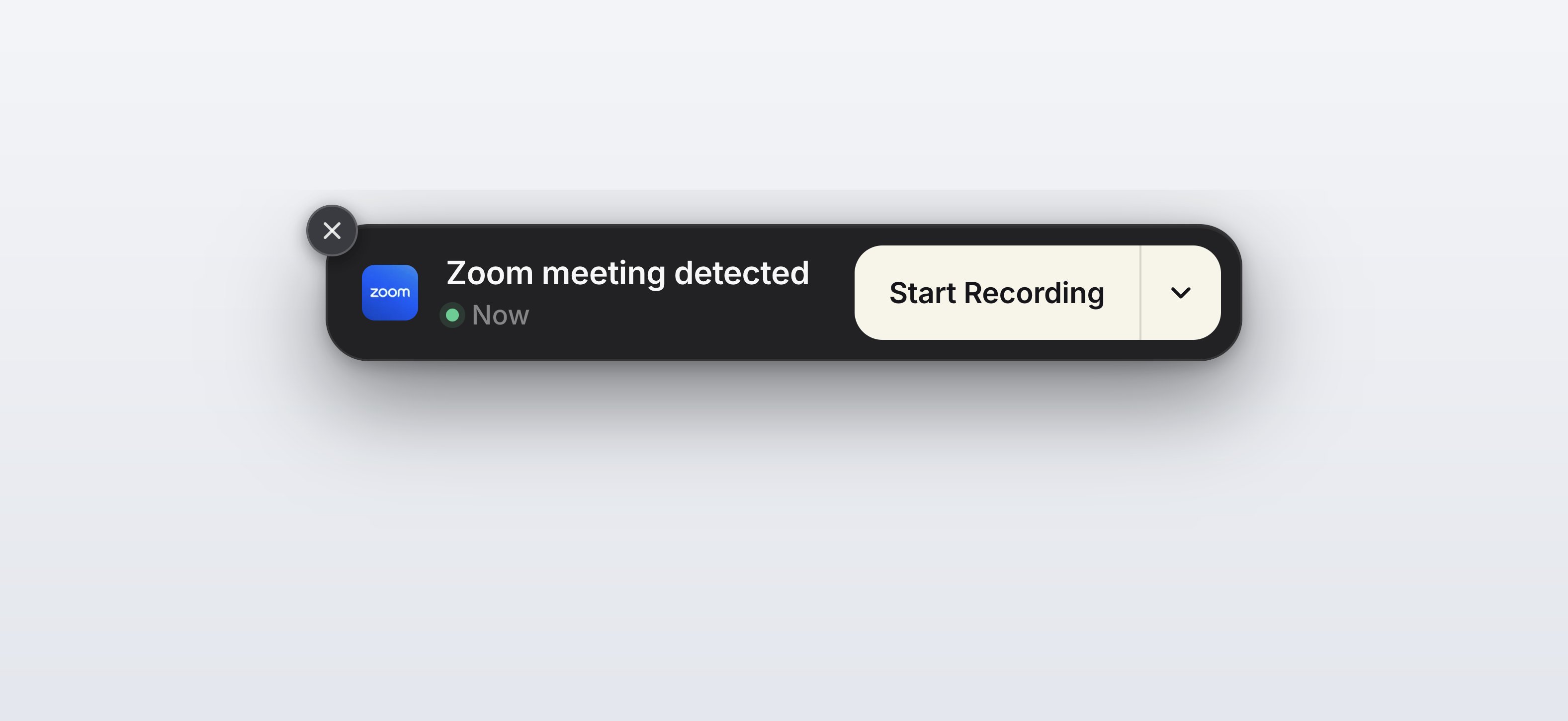 A Meeting detected banner with an app icon, a status line reading Now, and a split Start Recording button