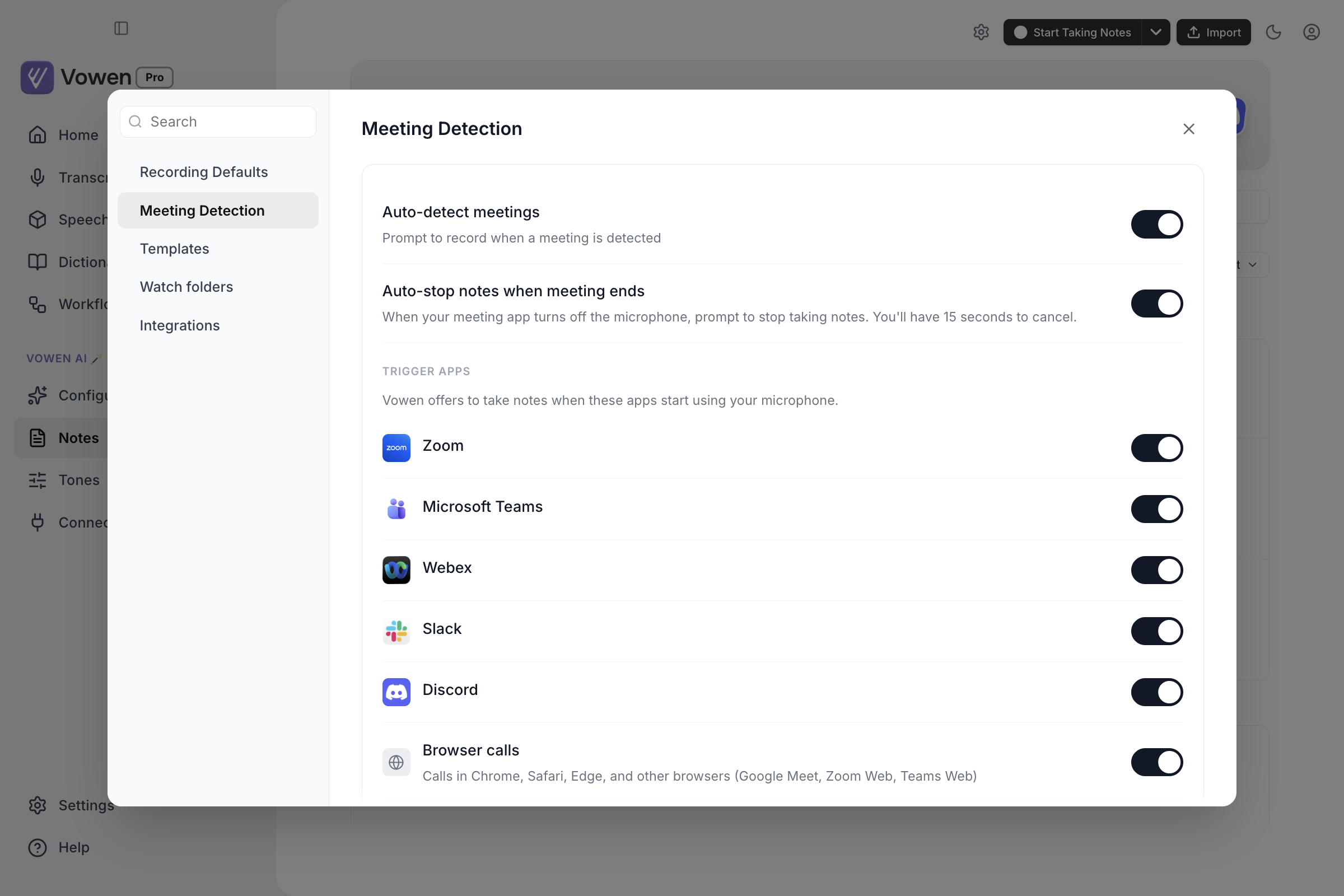 The Meeting Detection tab listing Zoom, Microsoft Teams, Webex, Slack, Discord and Browser calls, each with a toggle