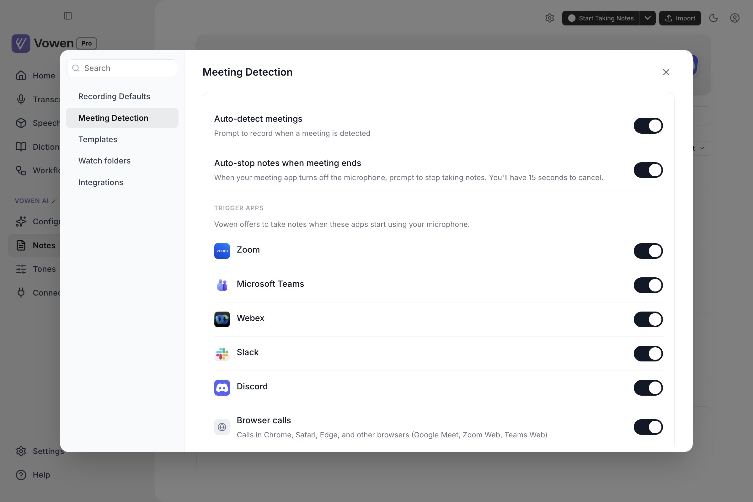 The Meeting Detection tab listing Zoom, Microsoft Teams, Webex, Slack, Discord and Browser calls, each with a toggle