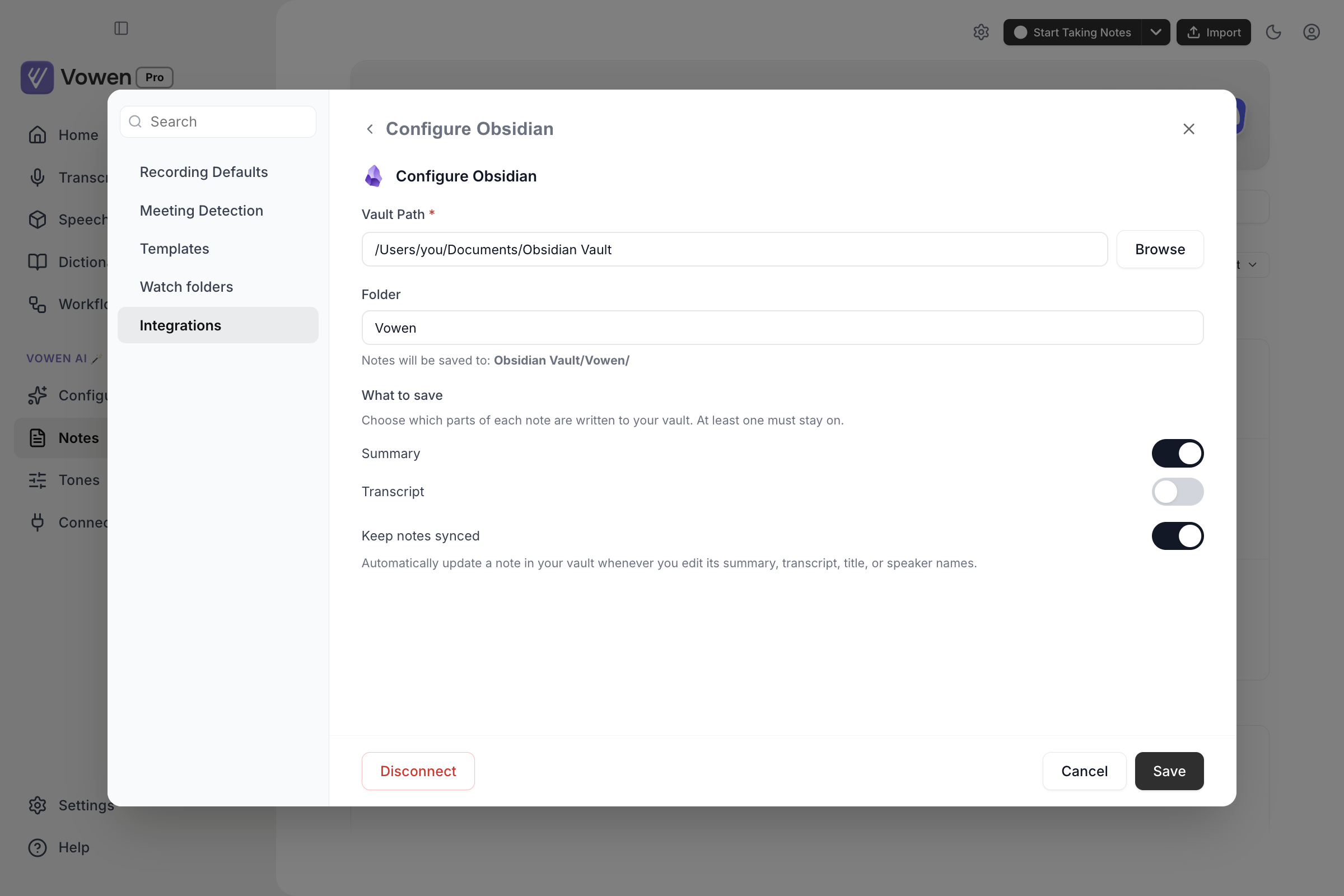 The Configure Obsidian panel with Vault Path, Folder, a What to save group with Summary and Transcript toggles, and Keep notes synced