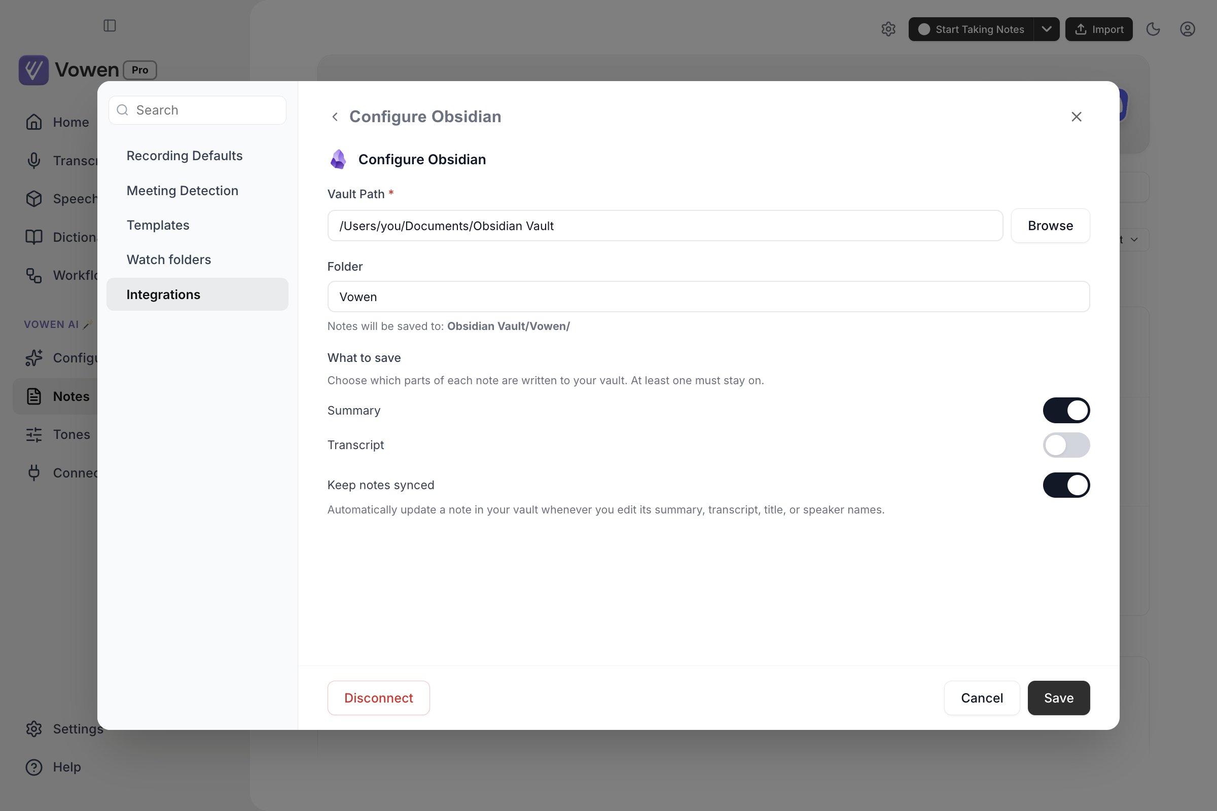 The Configure Obsidian panel with Vault Path, Folder, a What to save group with Summary and Transcript toggles, and Keep notes synced