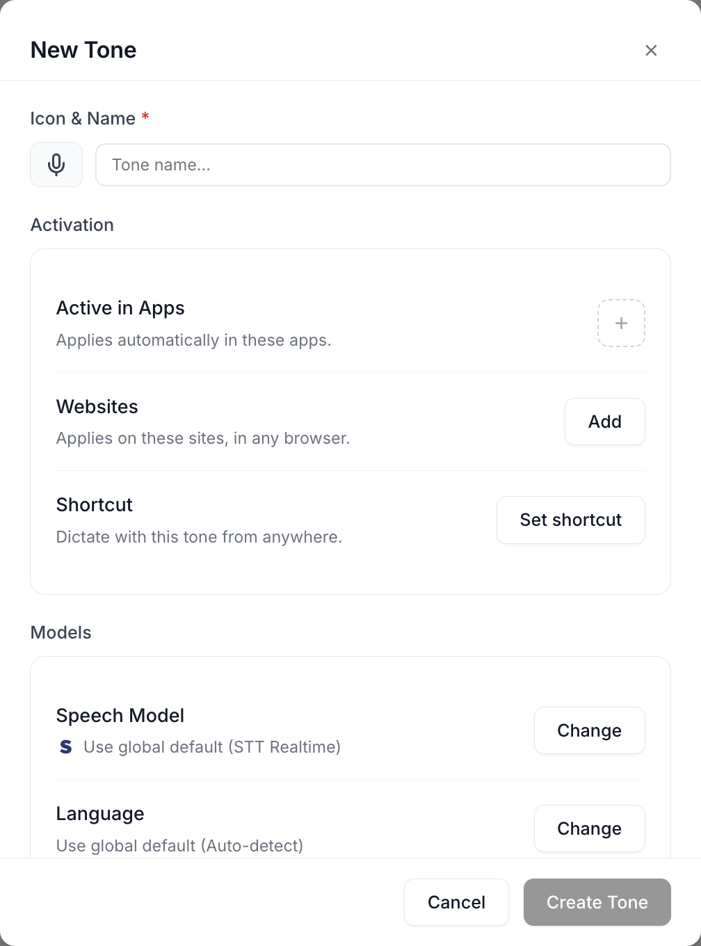 The New Tone dialog with Icon and Name, an Activation group covering apps, websites and a shortcut, and a Models group