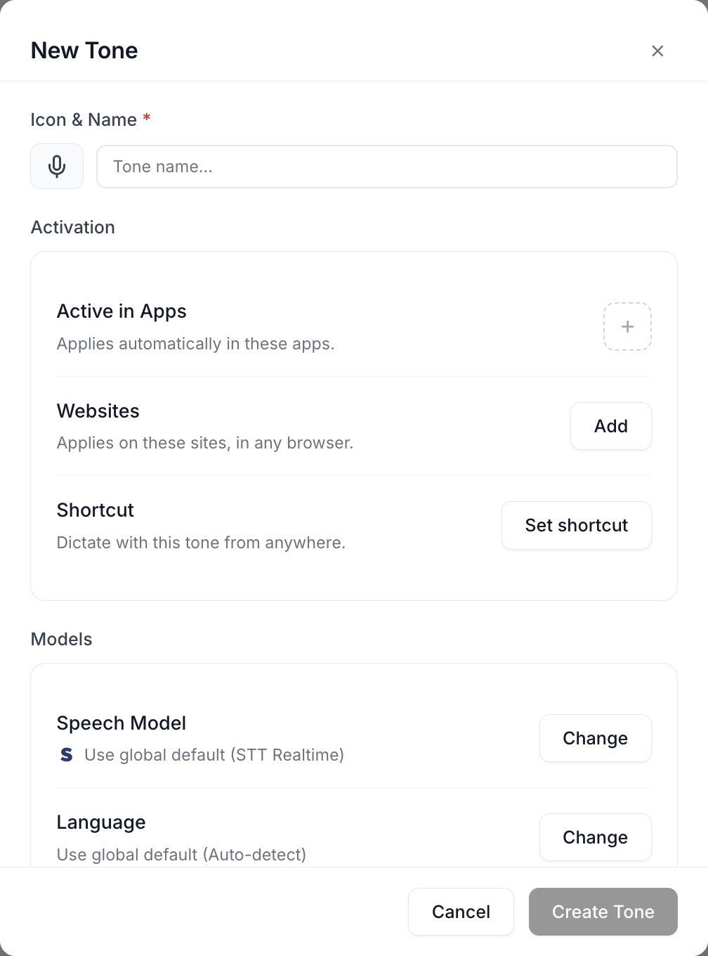 The New Tone dialog with Icon and Name, an Activation group covering apps, websites and a shortcut, and a Models group