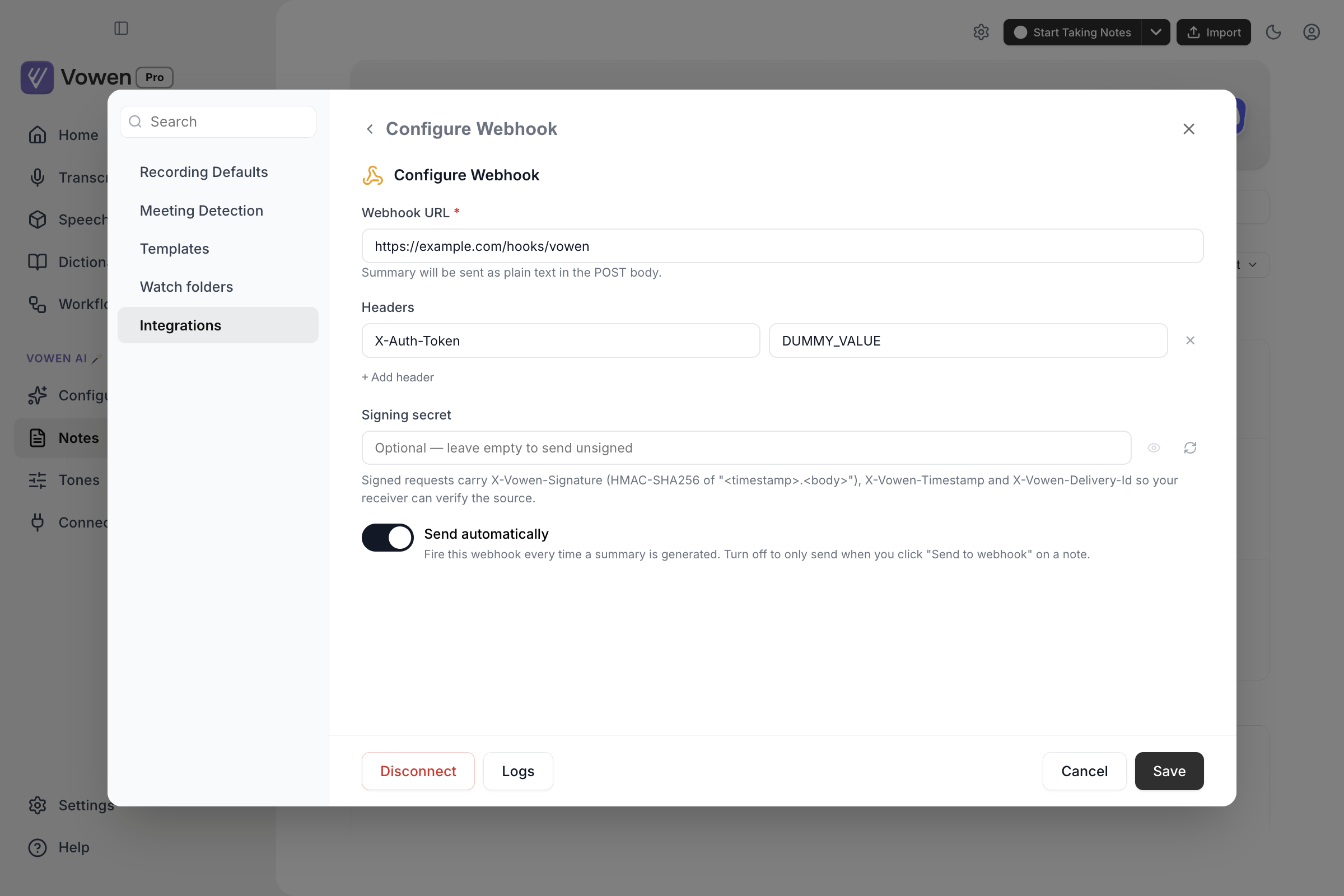 The Configure Webhook panel showing a Webhook URL field, a Headers row, a Signing secret field and a Send automatically toggle