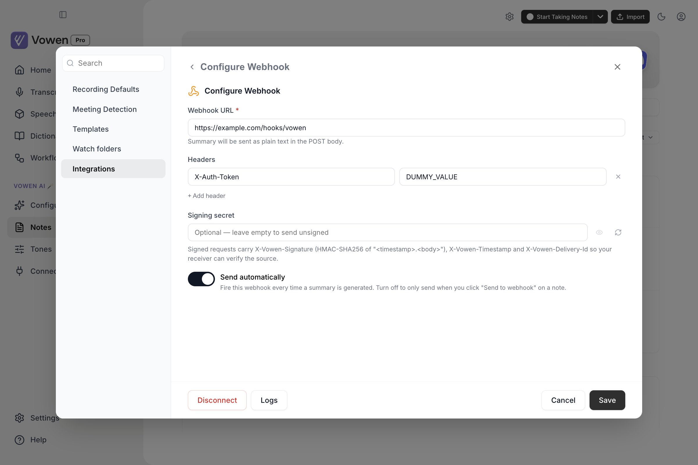 The Configure Webhook panel showing a Webhook URL field, a Headers row, a Signing secret field and a Send automatically toggle