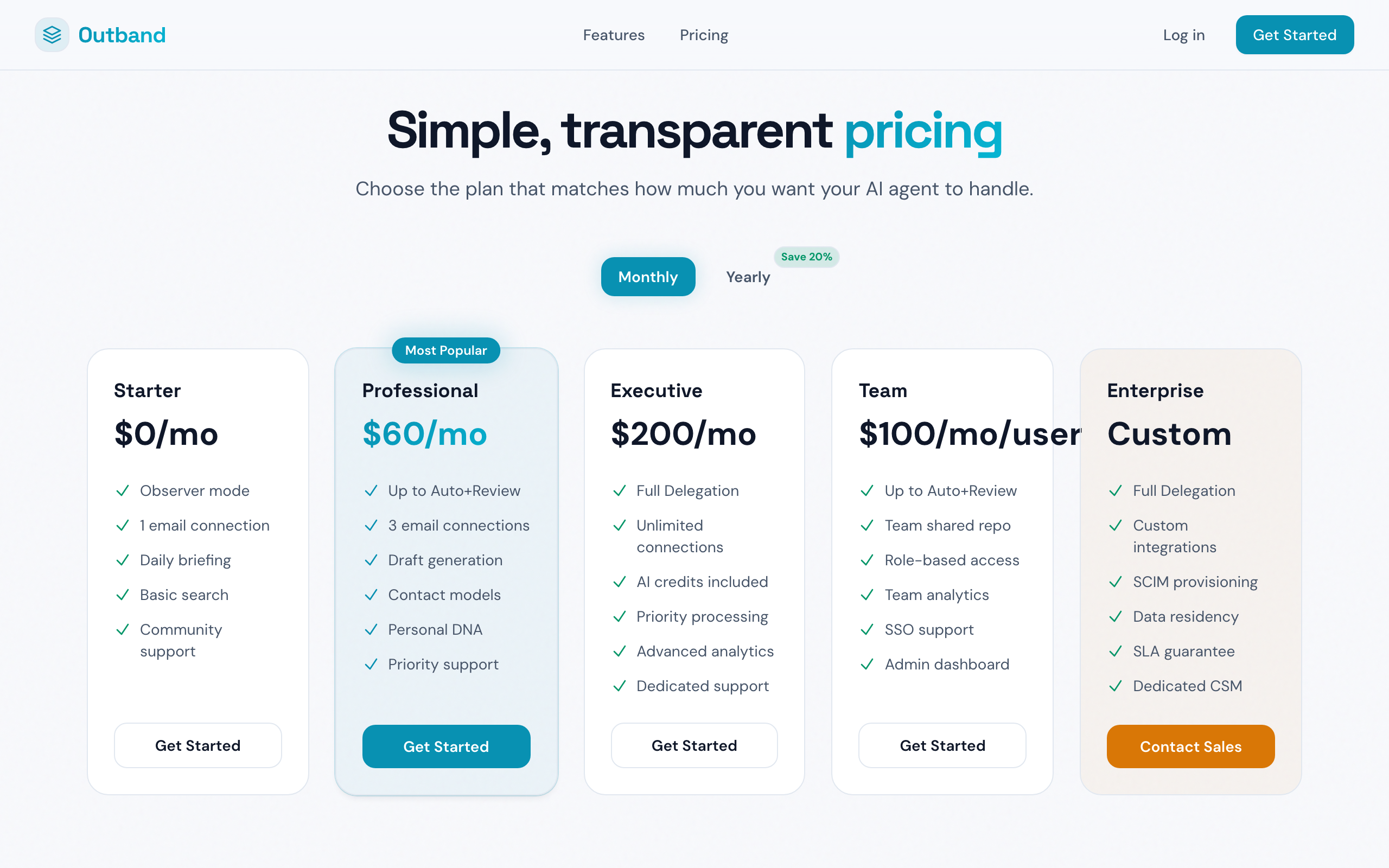 Outband料金ページ。Starter、Professional、Executive、Team、Enterpriseの各ティアを表示
