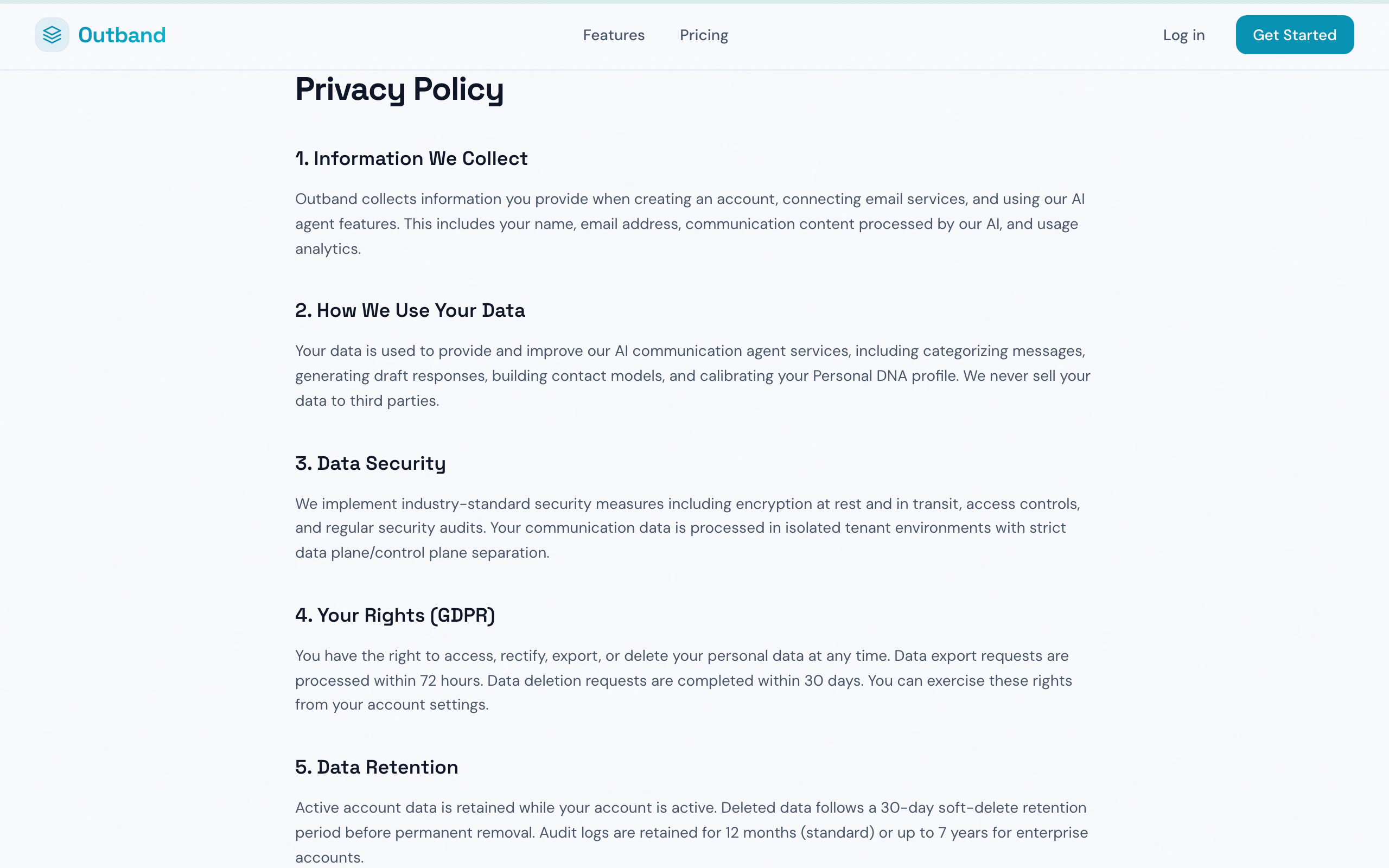 Outbandプライバシーポリシーページ。データの取り扱いとユーザーの権利について説明