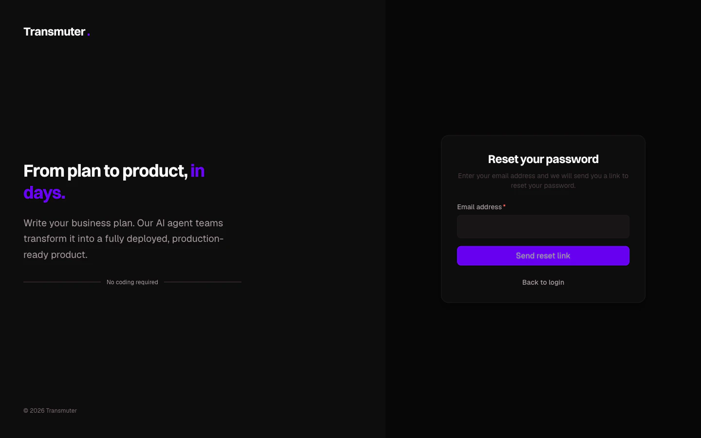 Transmuter password reset page with email field and send reset link button