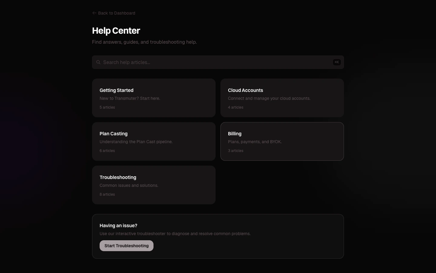Transmuter Help Center with searchable knowledge base and topic categories