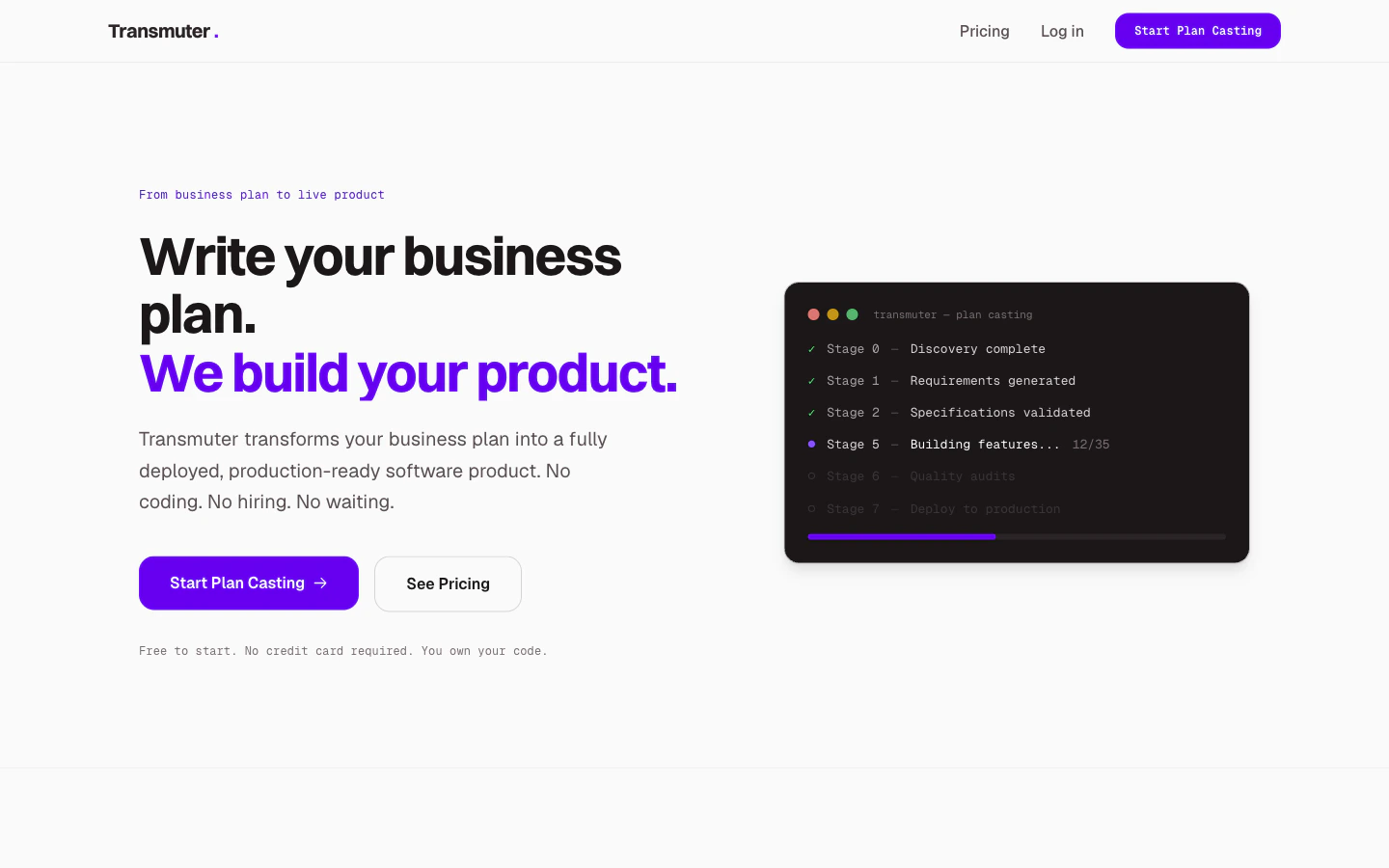 Transmuter landing page showing the hero section with 'Write your business plan. We build your product.' headline