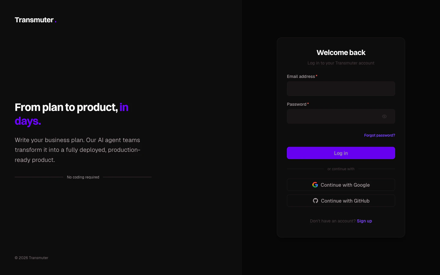 Transmuter login page with email/password fields, forgot password link, and Google/GitHub OAuth buttons