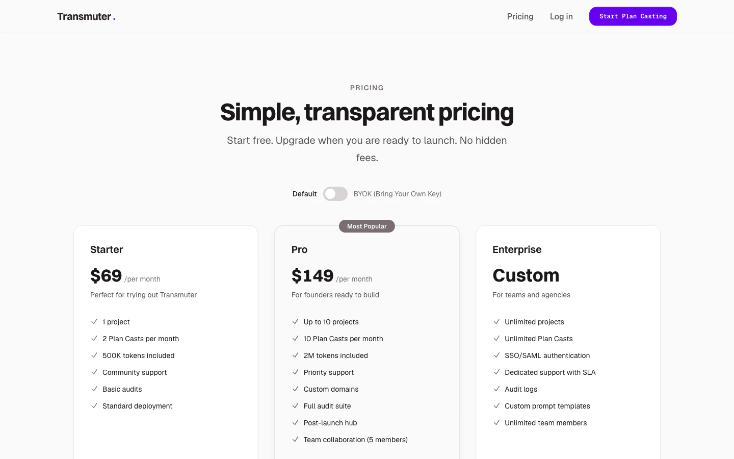 Transmuter pricing page showing three plan tiers with the Default/BYOK toggle