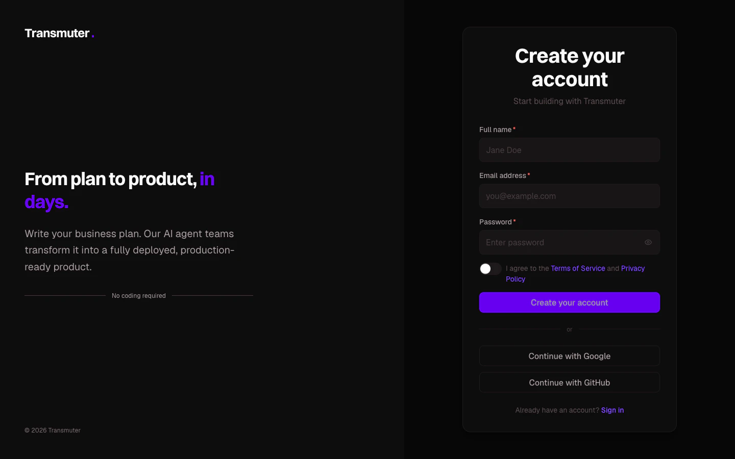 Transmuter signup page with email, Google, and GitHub options