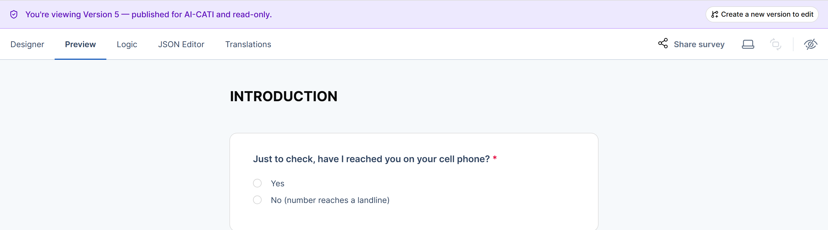 Share survey button in the Preview tab