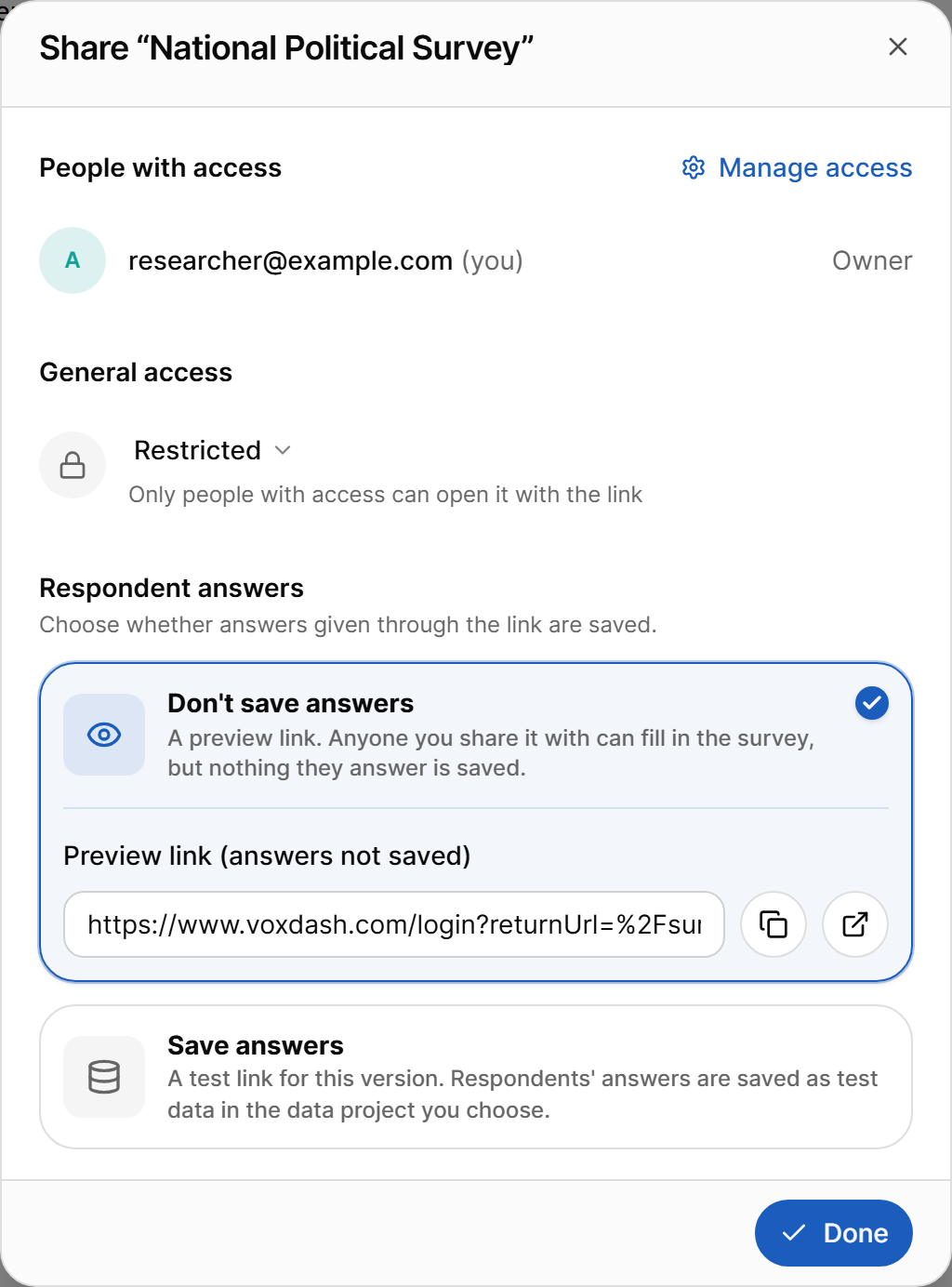 Share dialog with a preview link