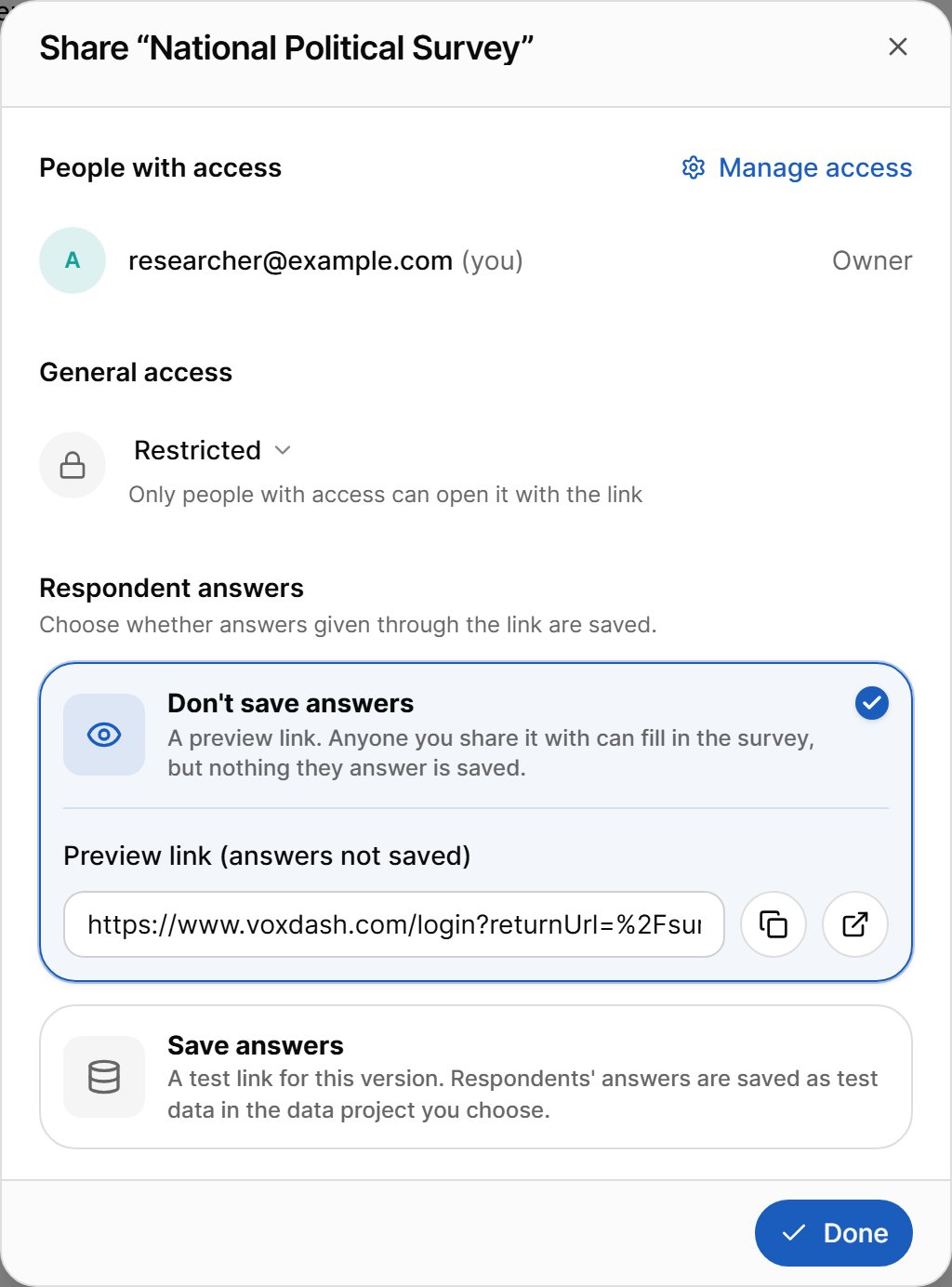Share dialog with a preview link