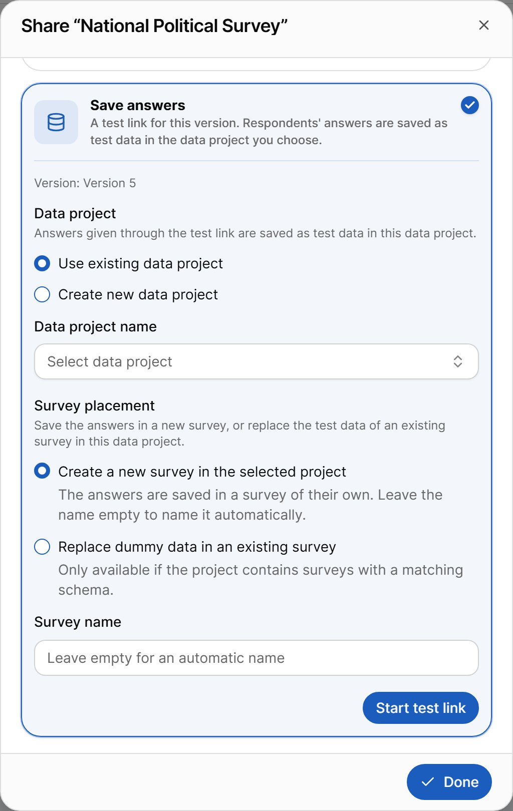Test link settings in the share dialog